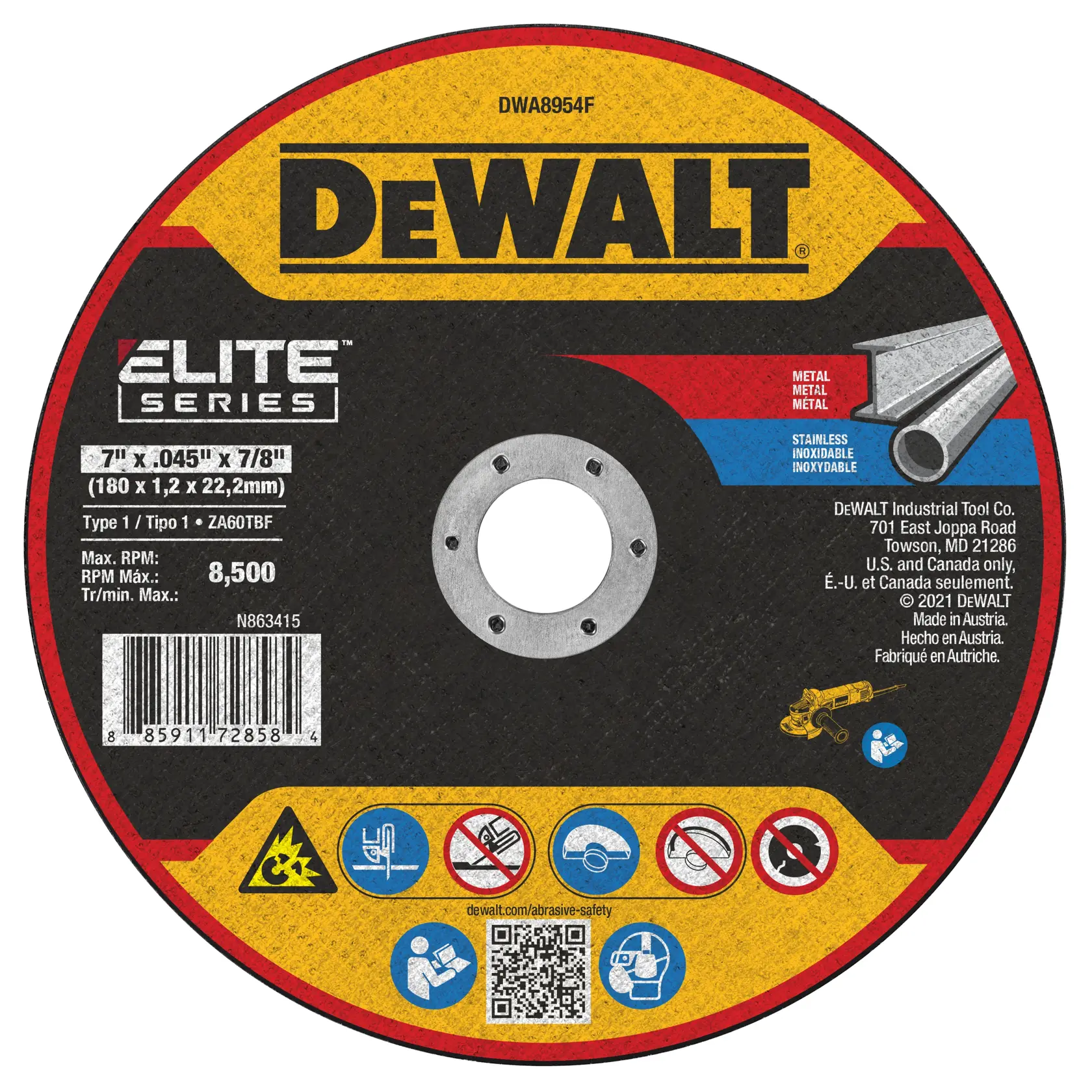 A DEWALT Elite Series cutting wheel, SKU DWA8954F, designed for metal and stainless steel cutting. The wheel is 7 inches in diameter, 0.045 inches thick, with a 7/8 inch arbor. The maximum RPM is 8,500. The label includes safety pictograms and a barcode, and indicates it is made in Austria for U.S. and Canada use only.