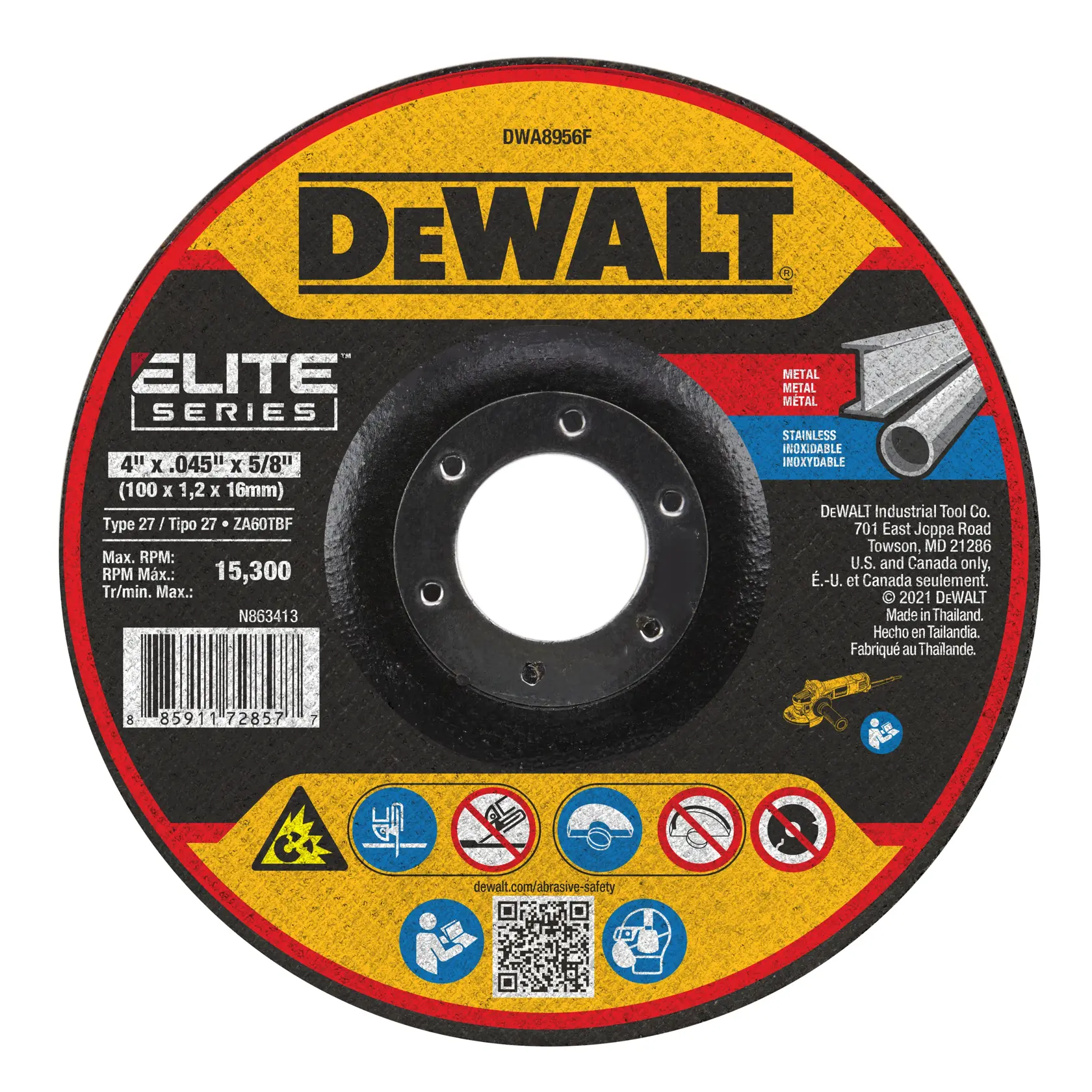 A DEWALT branded Elite Series abrasive cutting wheel for metal and stainless steel. The wheel is circular with specifications 4 inch x 0.045 inch x 5/8 inch (100 x 1.2 x 16 mm), maximum RPM of 15,300, and various safety icons and instructions displayed on the label. The product is identified as DWA8956F and includes a barcode and QR code for safety information.