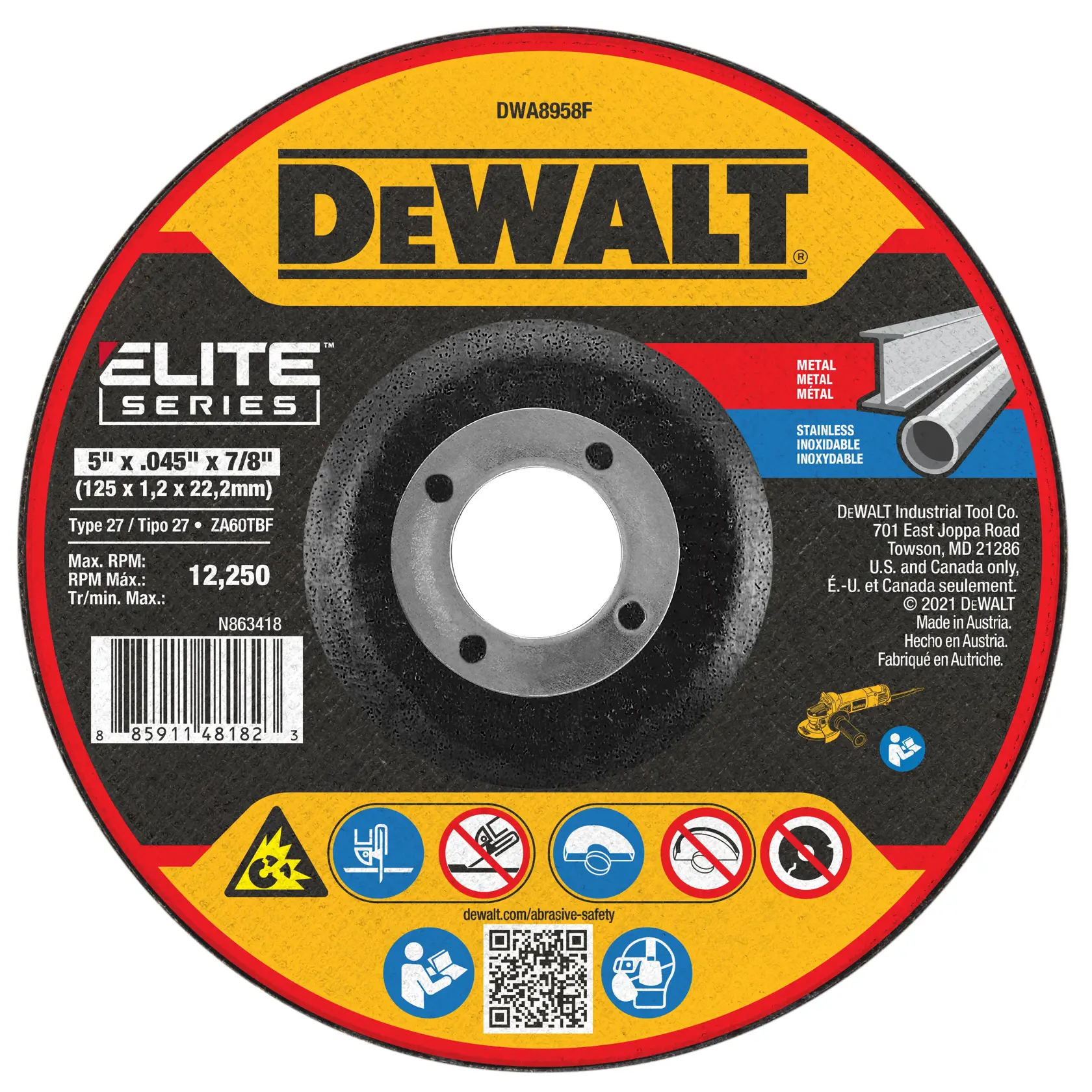 A DEWALT Elite Series grinding wheel, model DWA8958F, 5 inch by 0.045 inch by 7/8 inch (125 x 1.2 x 22.2 mm), designed for use on metal and stainless steel. The wheel displays the DEWALT logo, product specifications, safety pictograms, and a barcode.