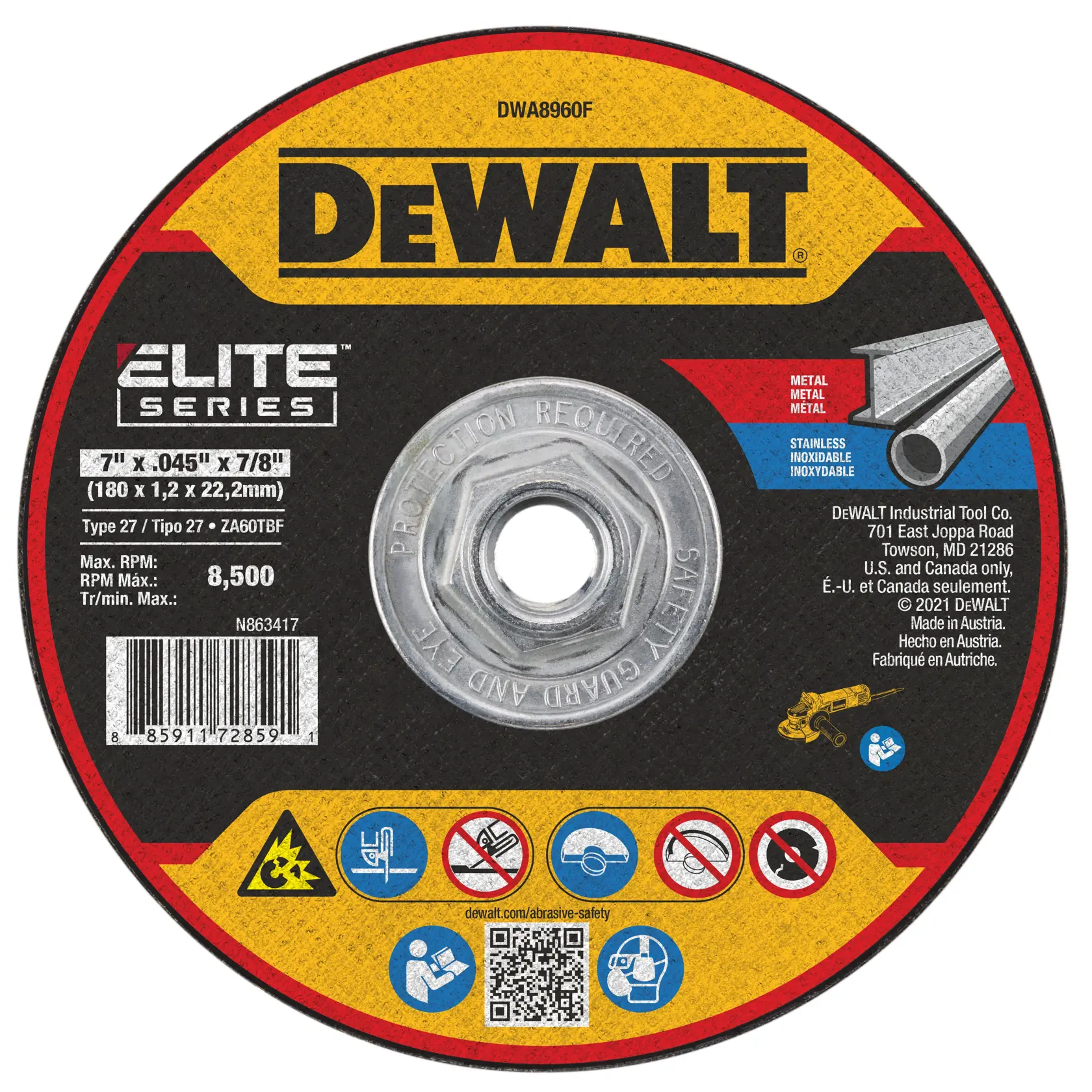 DEWALT Elite Series metal and stainless cutting wheel, model DWA8960F, 7 inch x 0.045 inch x 7/8 inch, suitable for use on metal and stainless steel. The label includes product specifications, safety warnings, barcode, QR code, and brand information.