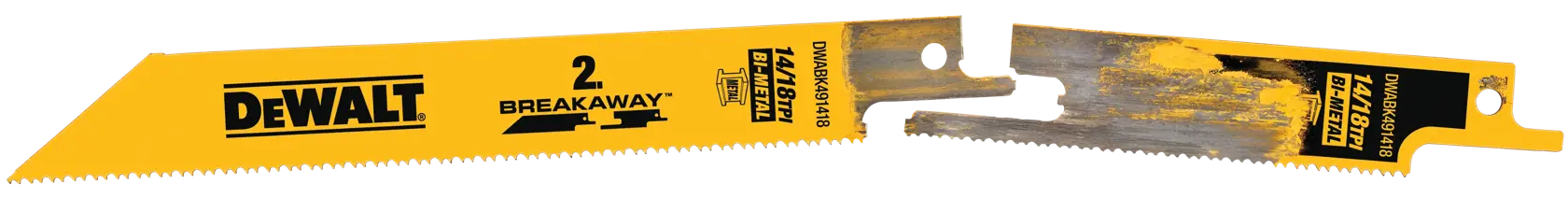 Profile of used BREAKAWAY reciprocating saw blade in two halves.