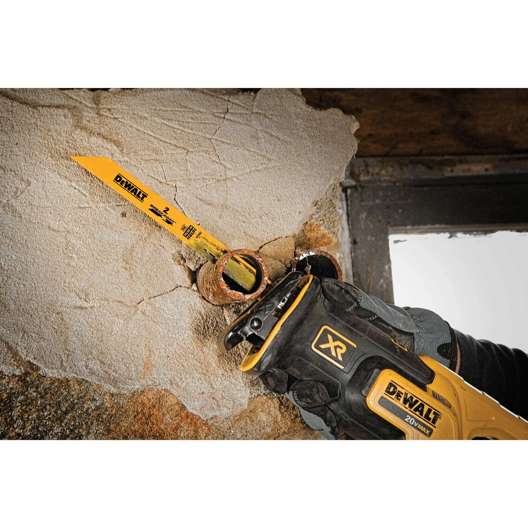 Close up of BREAKAWAY reciprocating saw blade being used by a person.