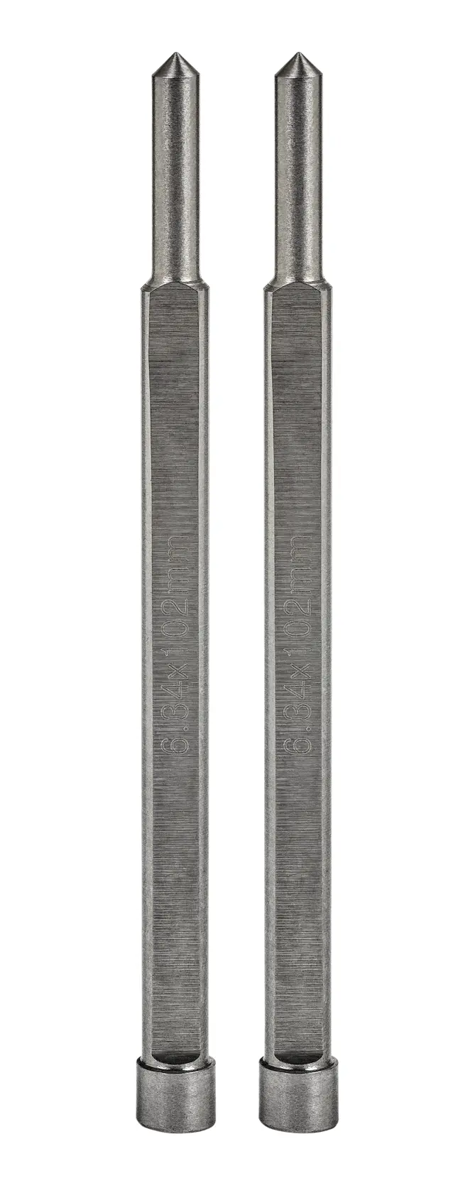 Two metal DEWALT drill bits with hexagonal shafts and pointed tips, shown upright on a white background.