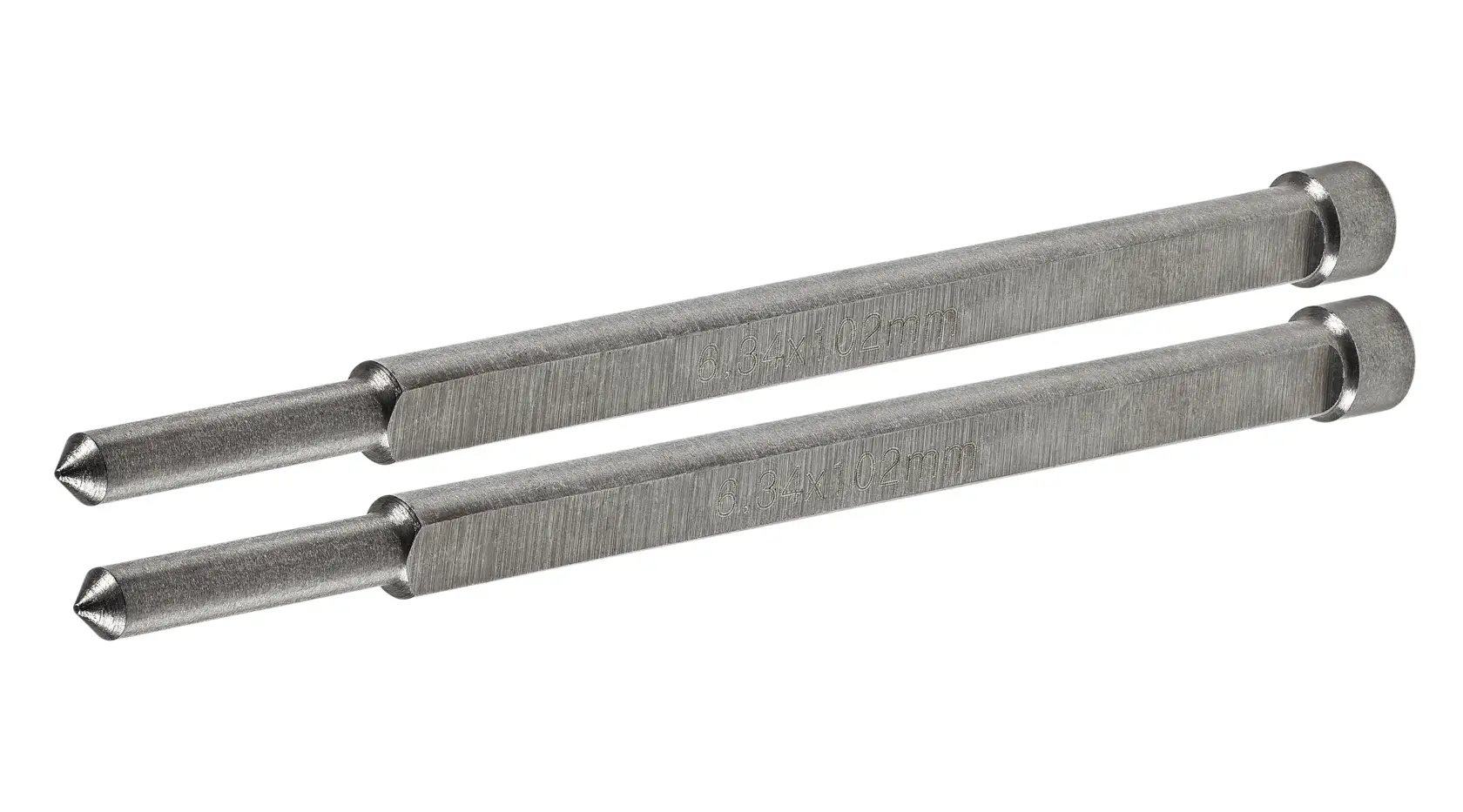 Two metallic cylindrical drill bit accessories with pointed tips, shown side by side on a white background.