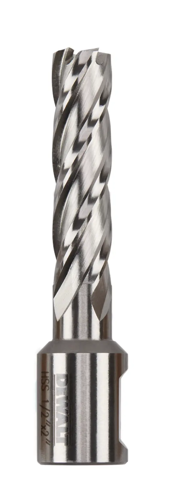 A single DEWALT metal cutting drill bit with spiral fluting, shown vertically against a white background.