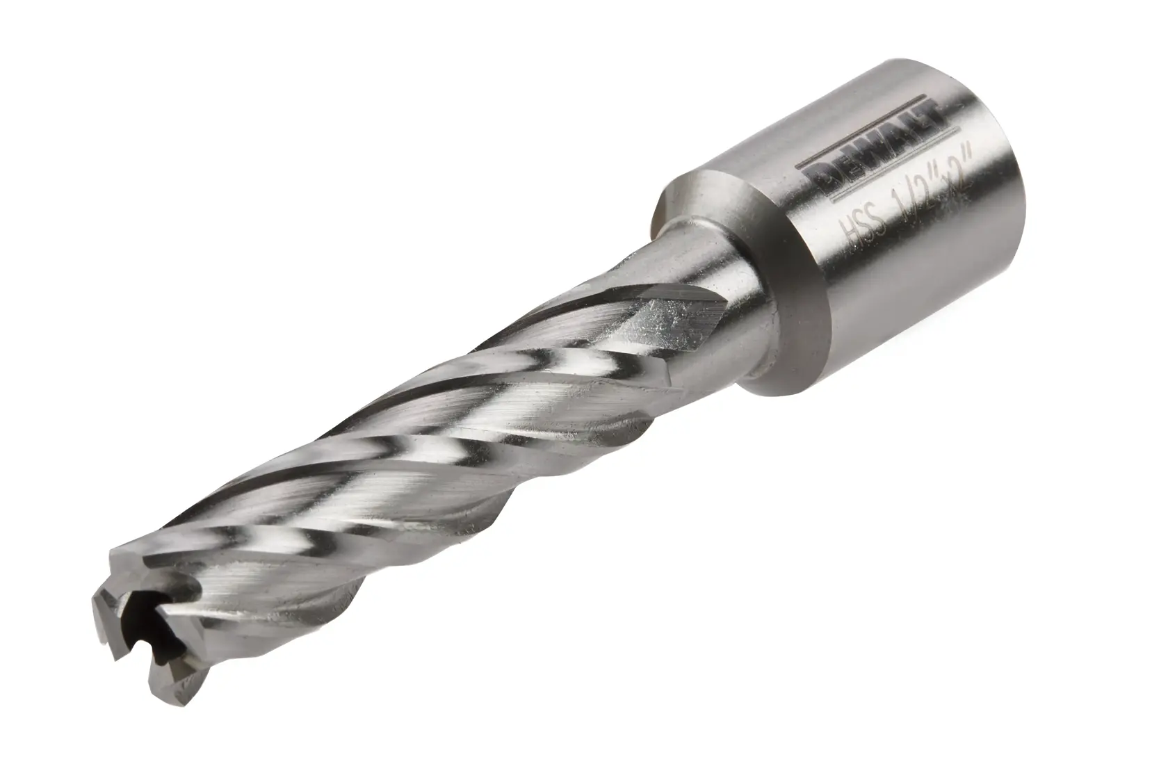 A close-up image of a DEWALT high-speed steel annular cutter, designed for drilling holes in metal, with a spiral flute and cylindrical shank.