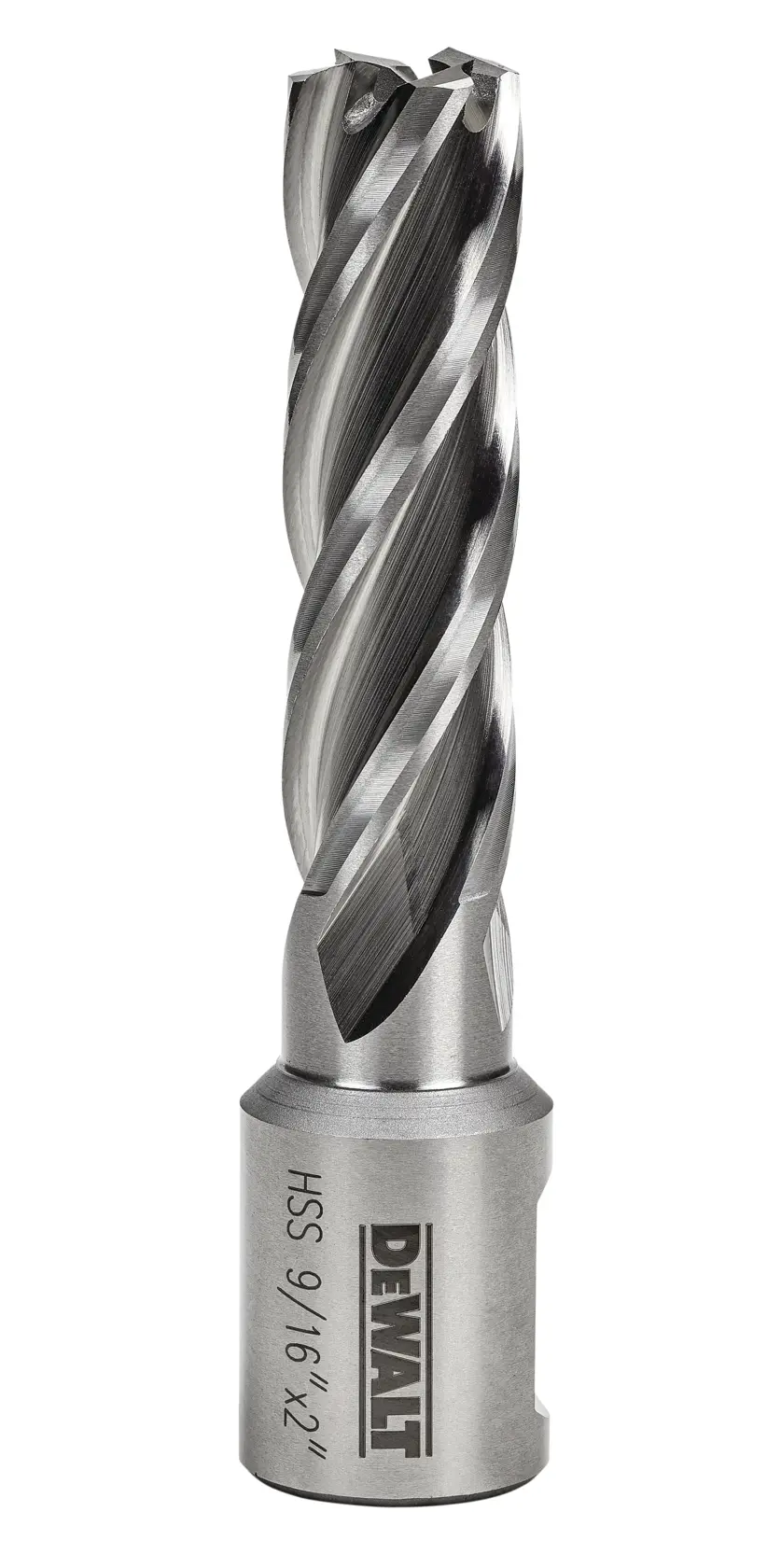 A DEWALT high-speed steel (HSS) annular cutter with spiral flutes, labeled with size 9/16 x 2 inch, shown against a white background.