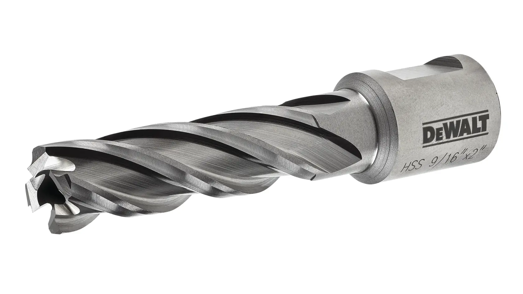 A DEWALT branded high-speed steel annular cutter with spiral flutes, designed for drilling precise holes in metal.