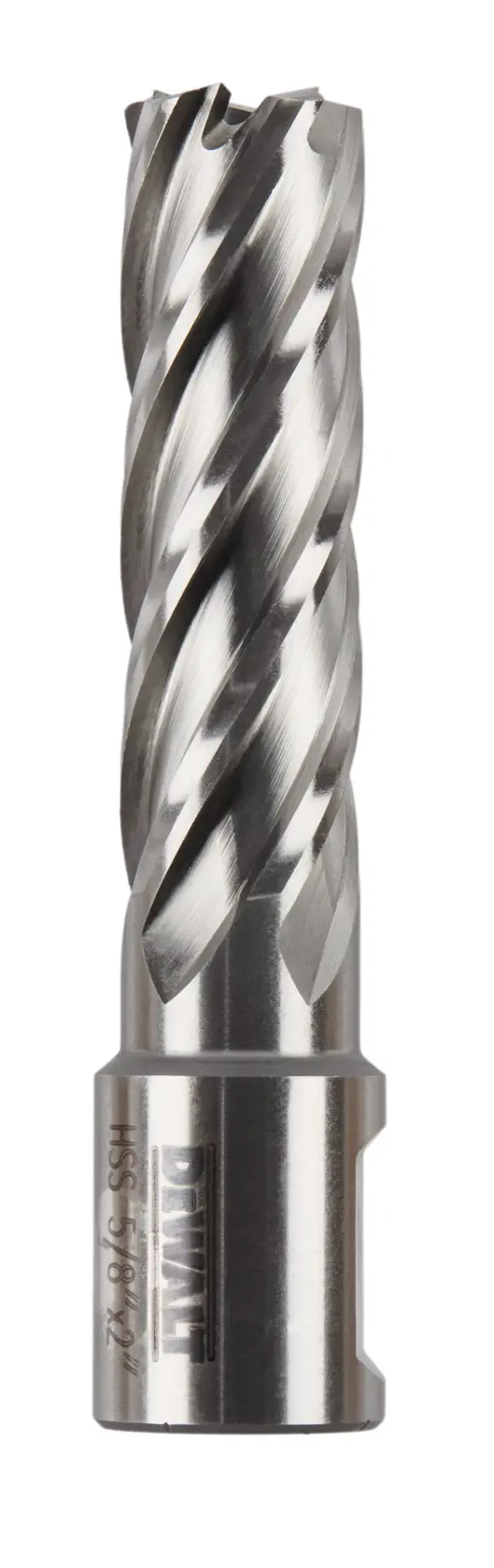 A close-up image of a DEWALT high-speed steel annular cutter with spiral cutting edges, used for drilling holes in metal.