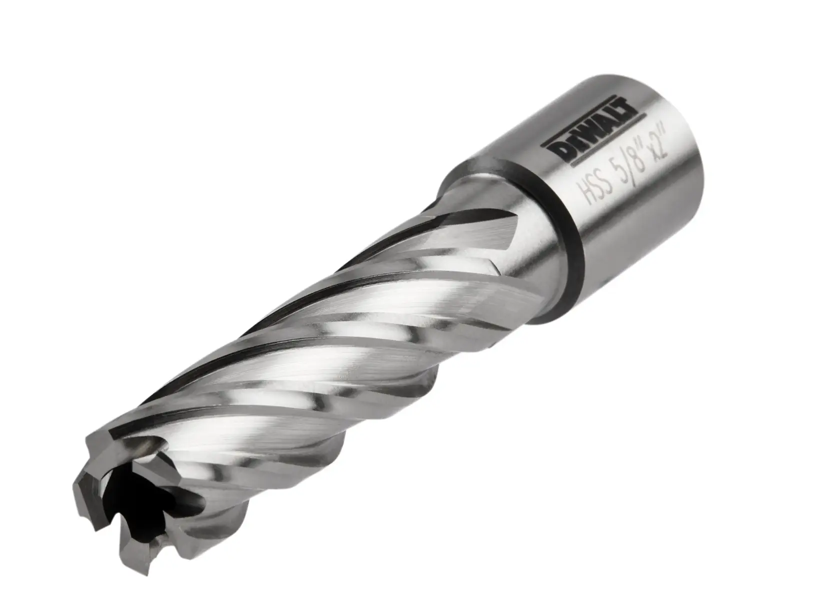 A close-up of a DEWALT high-speed steel annular cutter with spiral flutes, designed for precision metal drilling.