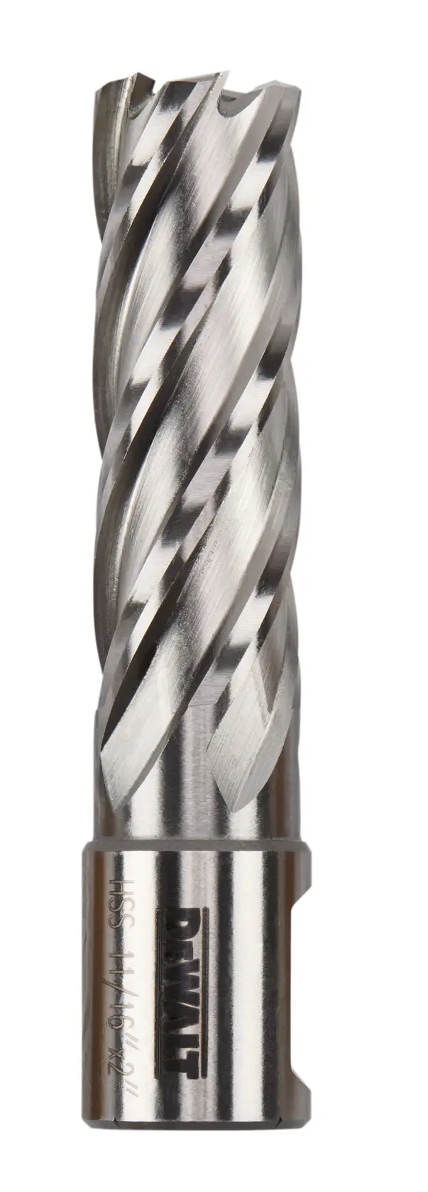 A DEWALT metal drill bit with spiral flutes, designed for precision cutting in metalworking applications.