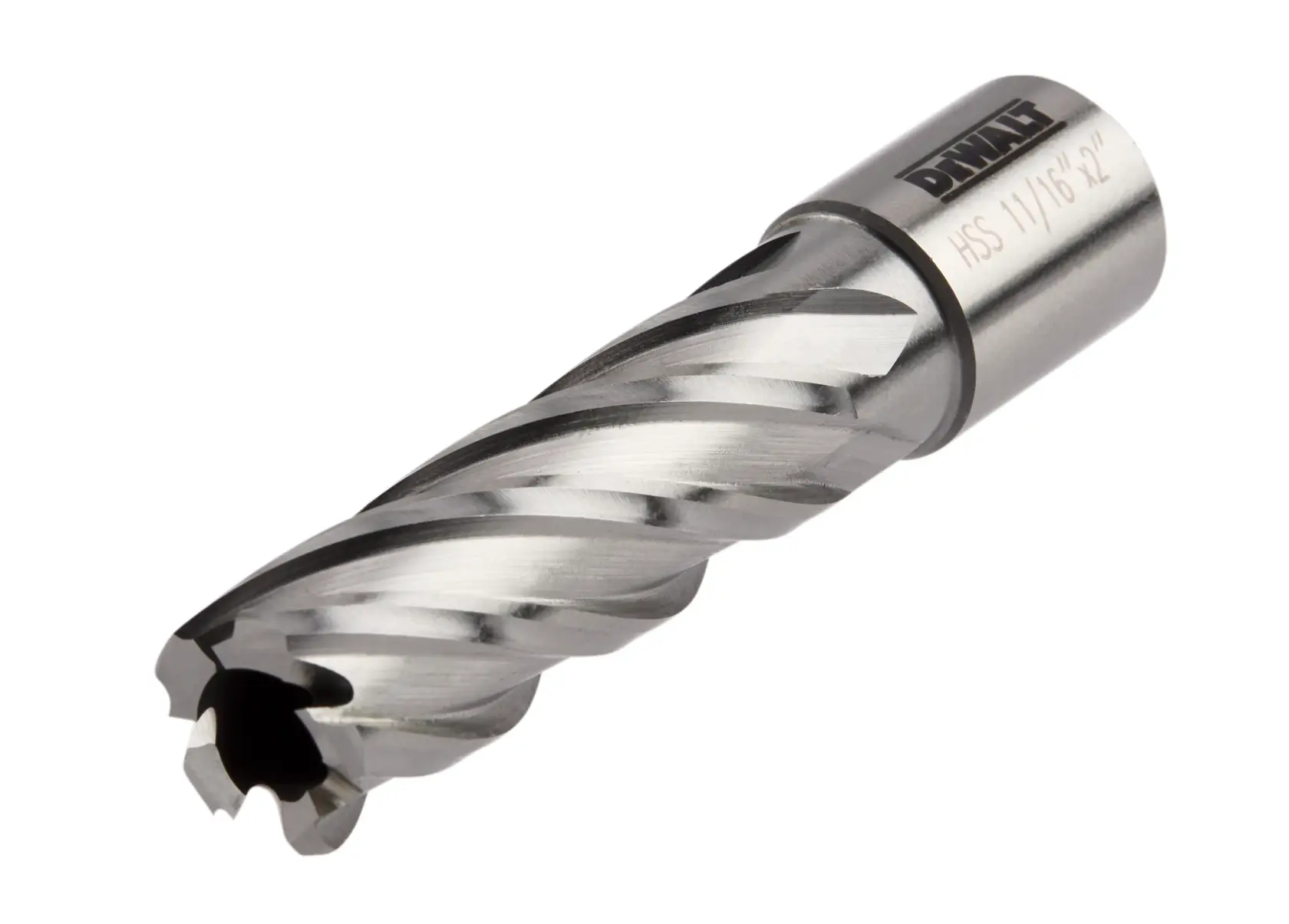 A close-up image of a DEWALT metal drill bit with spiral flutes and sharp cutting edges, designed for precision drilling.