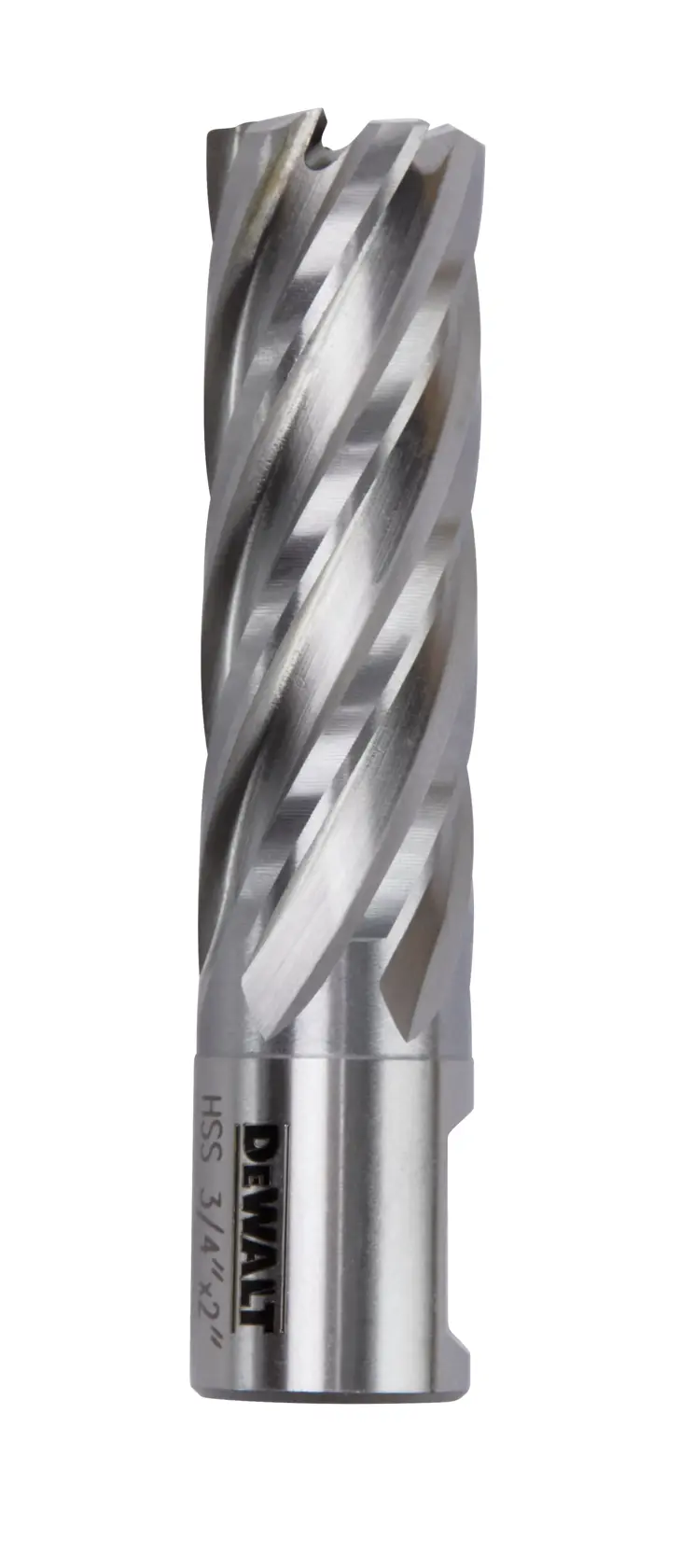 A DEWALT branded silver metal annular cutter drill bit with spiral flutes, used for precise hole cutting in metal surfaces.