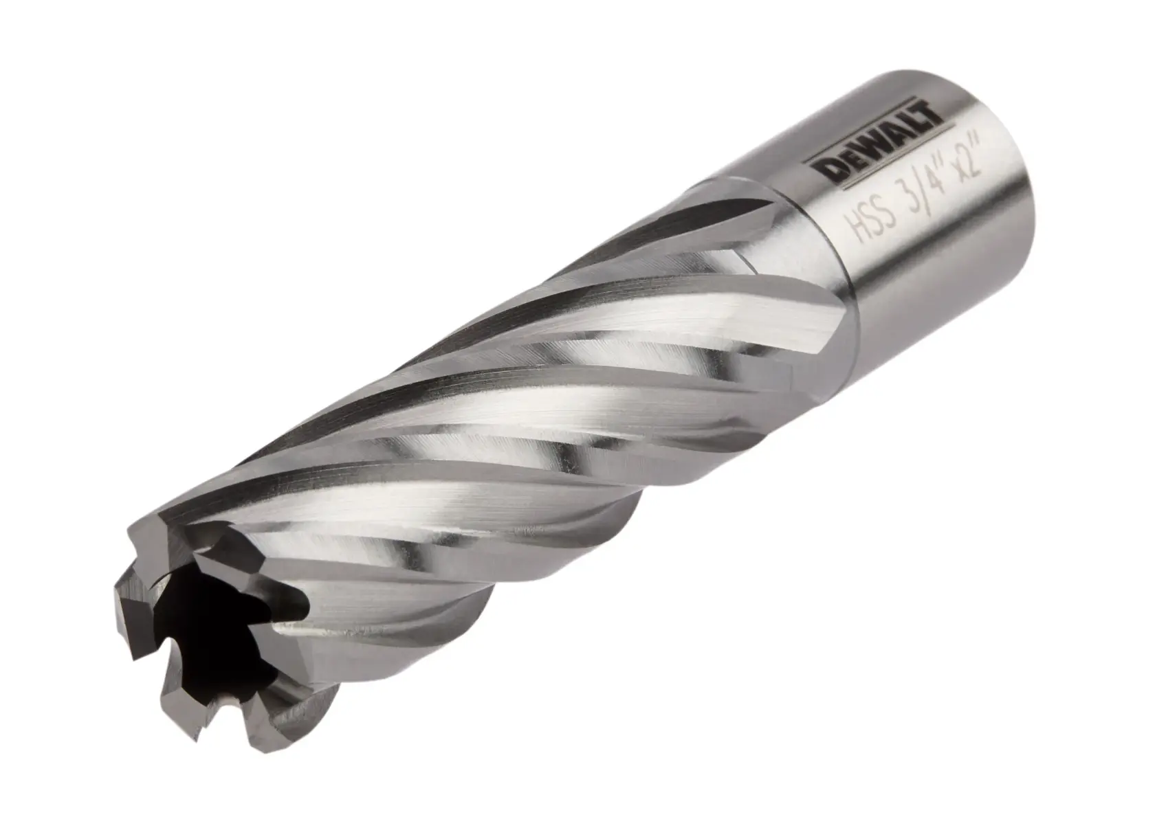A close-up image of a DEWALT high-speed steel annular cutter, with spiral flutes and a cylindrical body, typically used for drilling metal.