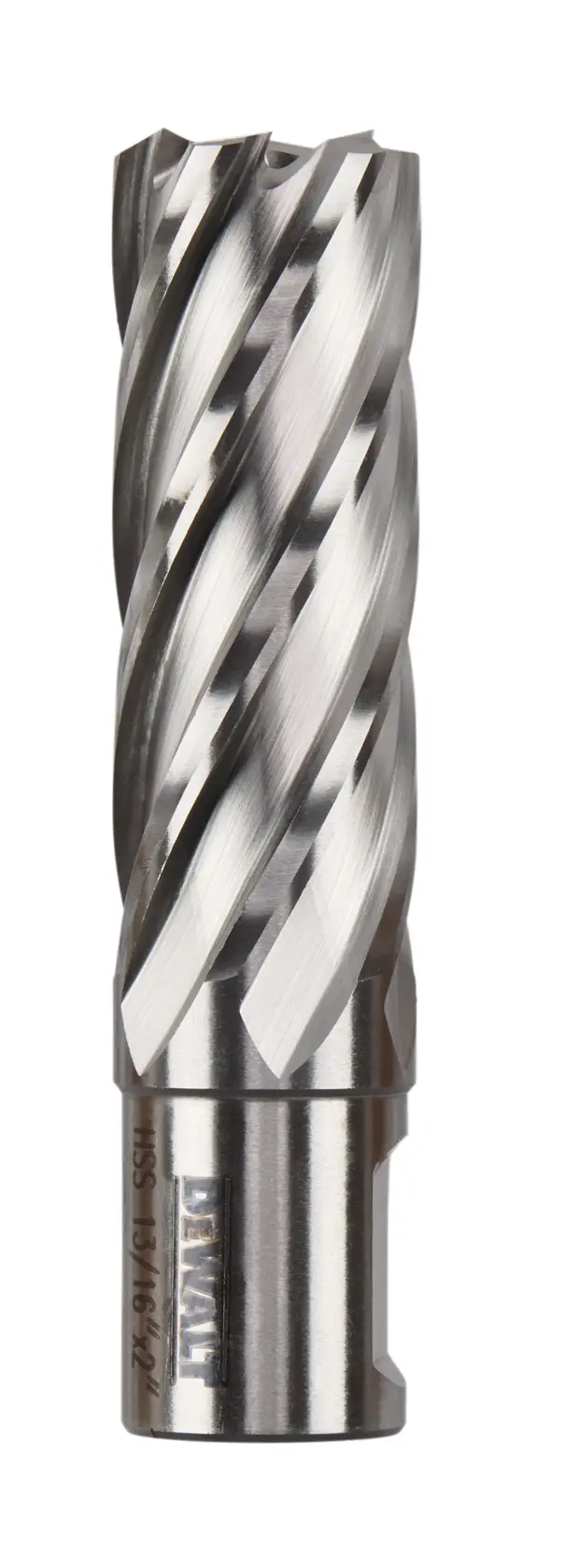 A close-up image of a DEWALT metal annular cutter drill bit with spiral flutes, designed for cutting through metal surfaces.