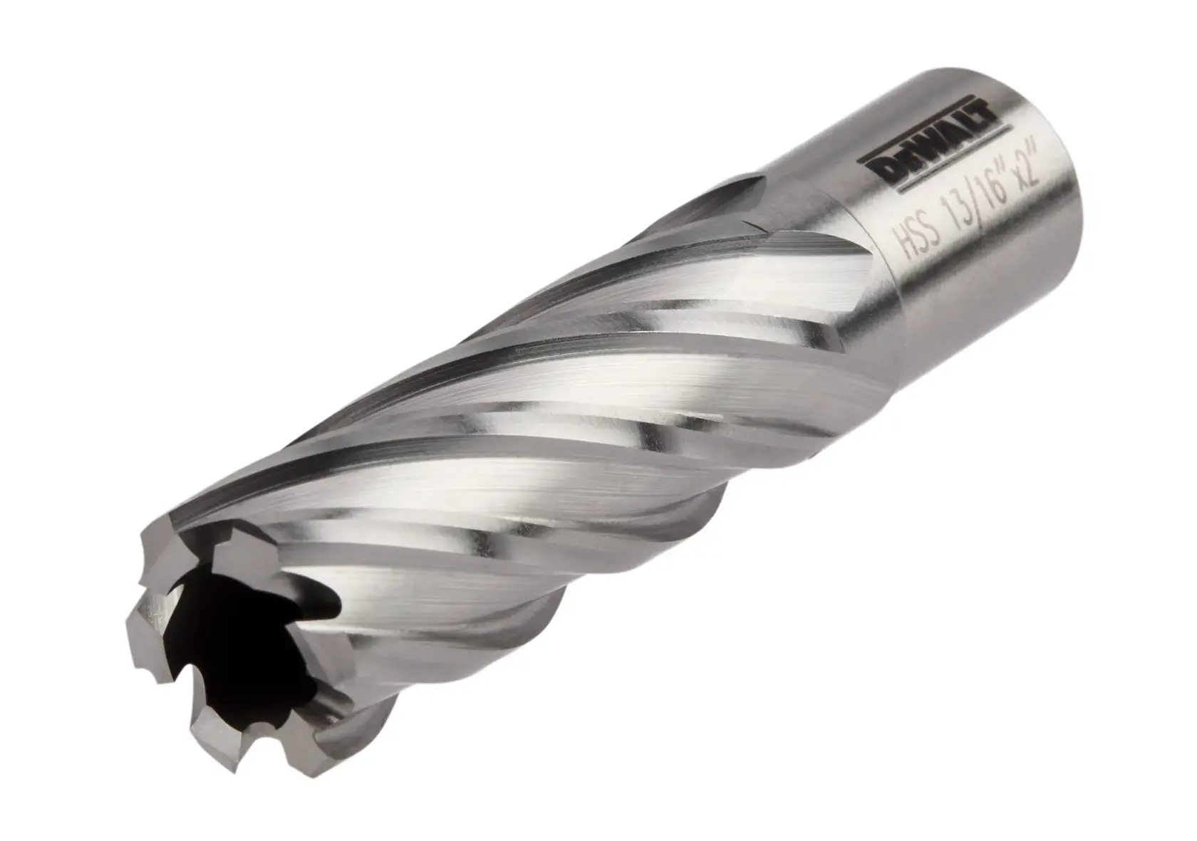 A close-up image of a DEWALT branded metal annular cutter with spiral flutes and engraved specifications.