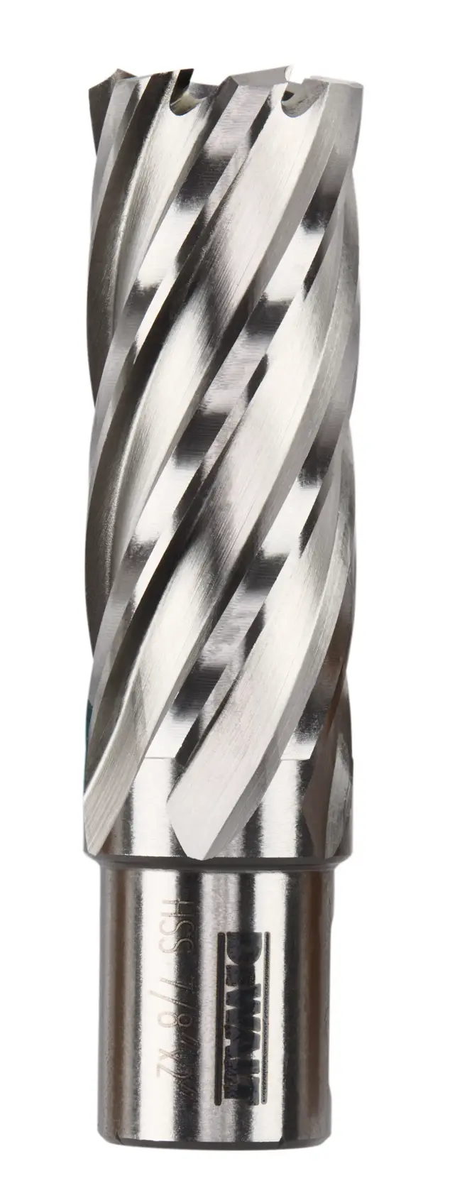 A close-up view of a DEWALT annular cutter drill bit, featuring spiral cutting edges and a metallic finish, used for industrial drilling applications.