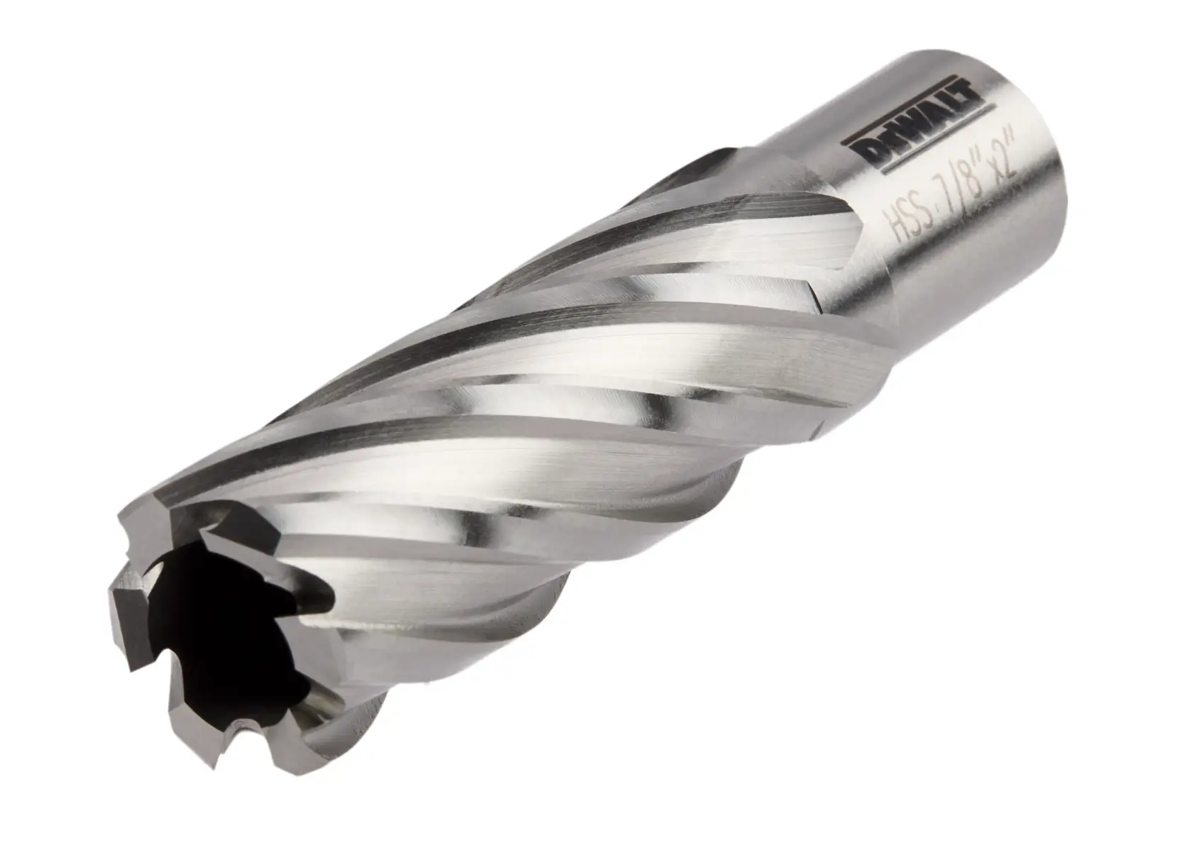 A close-up image of a DEWALT metal cutting annular cutter, featuring spiral flutes and a cylindrical shank.