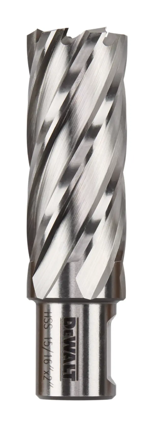 A close-up image of a DEWALT annular cutter, featuring a cylindrical metal body with spiral cutting edges. The tool is used for drilling precise holes in metal materials.