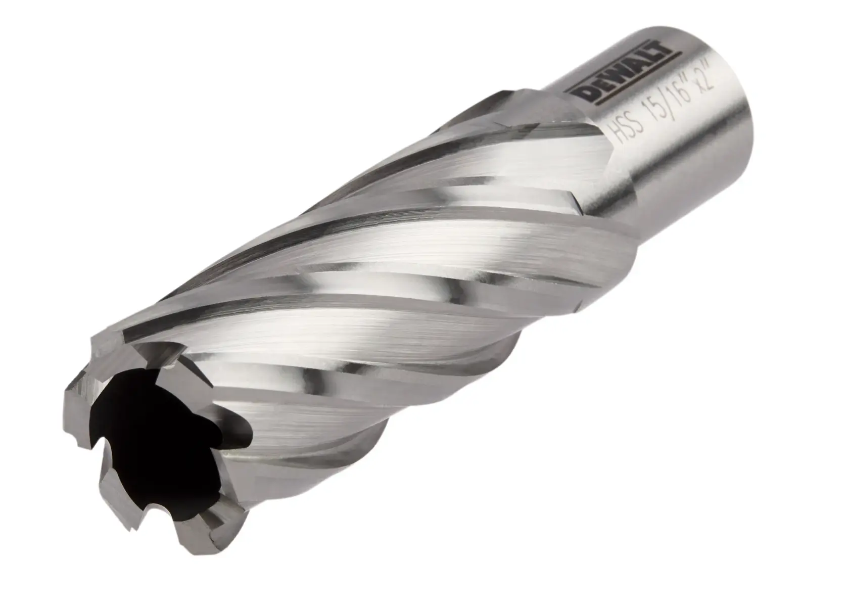 A close-up image of a DEWALT high-speed steel annular cutter with spiral cutting edges, designed for drilling through metal.