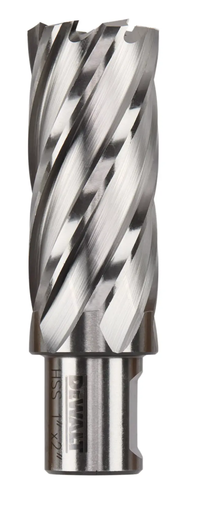 A close-up image of a DEWALT metal cutting annular cutter with spiral flutes and a cylindrical shank, used for drilling holes in metal surfaces.
