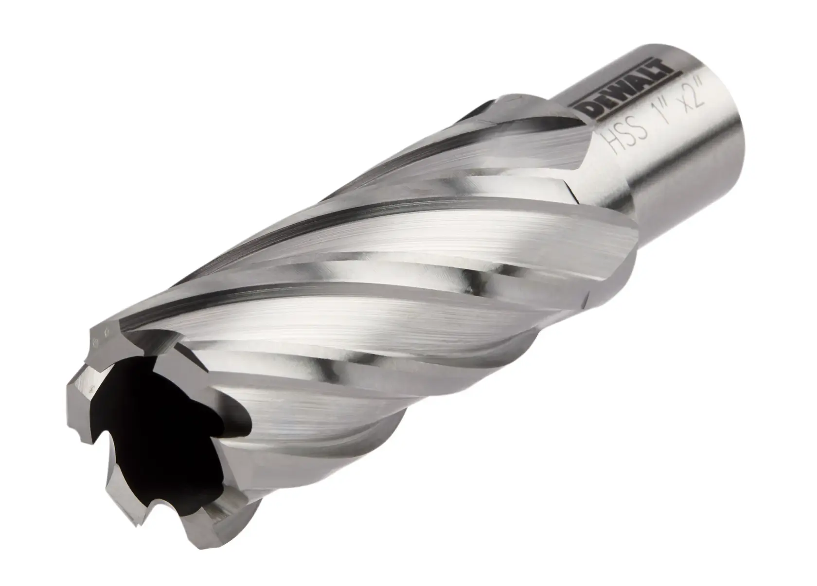 A close-up view of a DEWALT high speed steel annular cutter with spiral flutes and engraved markings on the shaft. The tool is used for precision drilling in metalworking applications.