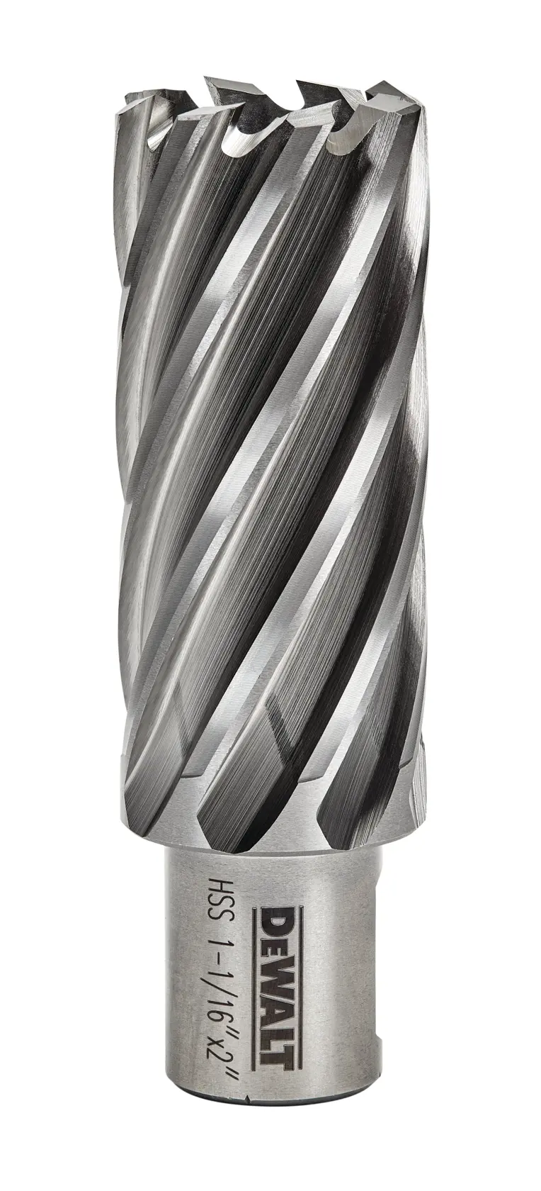 A close-up image of a DEWALT high-speed steel annular cutter with spiral flutes, designed for drilling precise holes in metal.