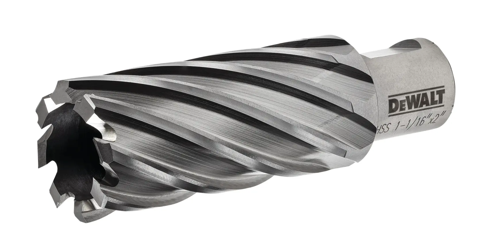 A DEWALT branded metal annular cutter with spiral flutes, designed for drilling through metals.