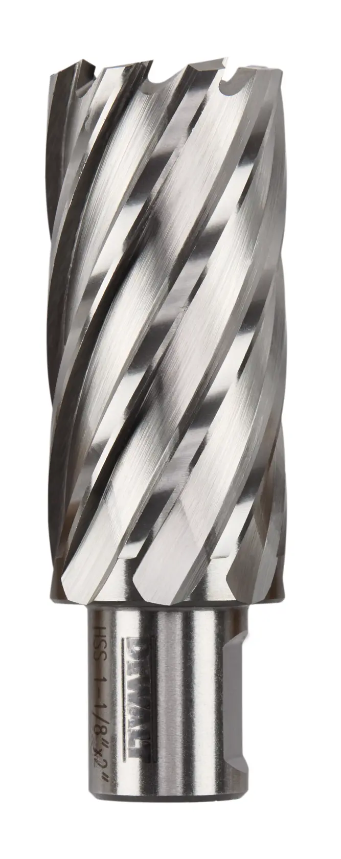 A close-up image of a DEWALT annular cutter with spiral flutes, used for drilling holes in metal. The cutter is made of high-speed steel and has a cylindrical shank.