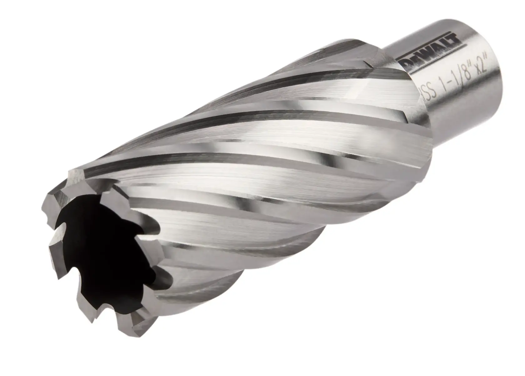 A close-up image of a DEWALT metal annular cutter with spiral fluted edges. The cylindrical tool is used for drilling holes in metal.