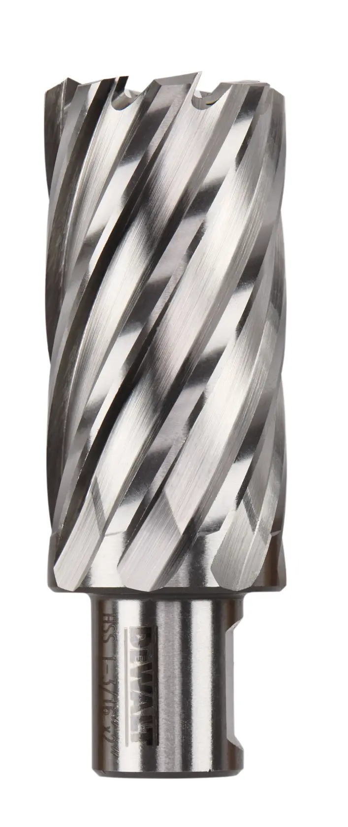 A close-up image of a silver annular cutter drill bit with spiral flutes, used for precision metal drilling.