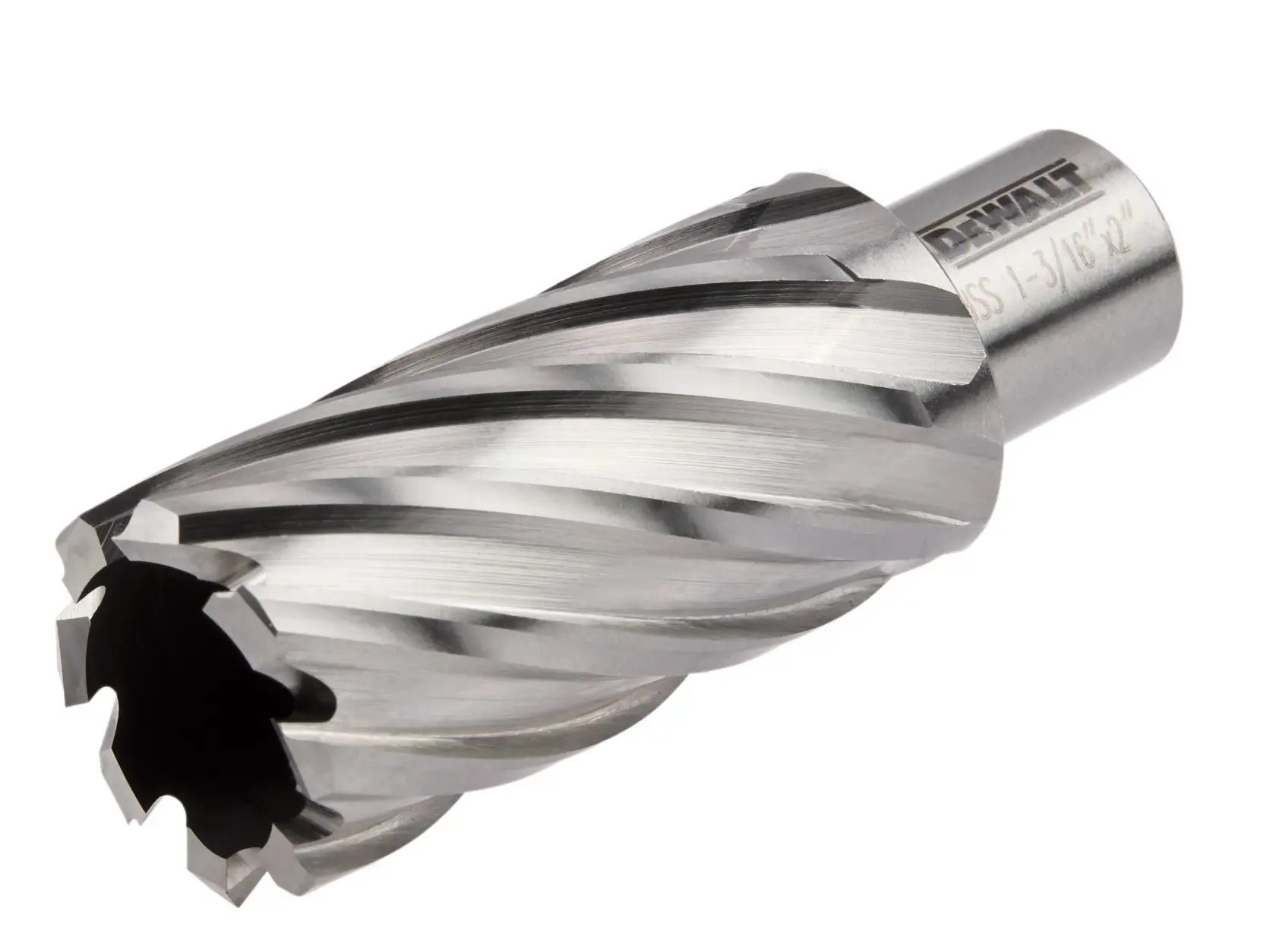 A close-up view of a metallic annular cutter drill bit with spiral flutes, branded DEWALT, designed for drilling through metal surfaces.