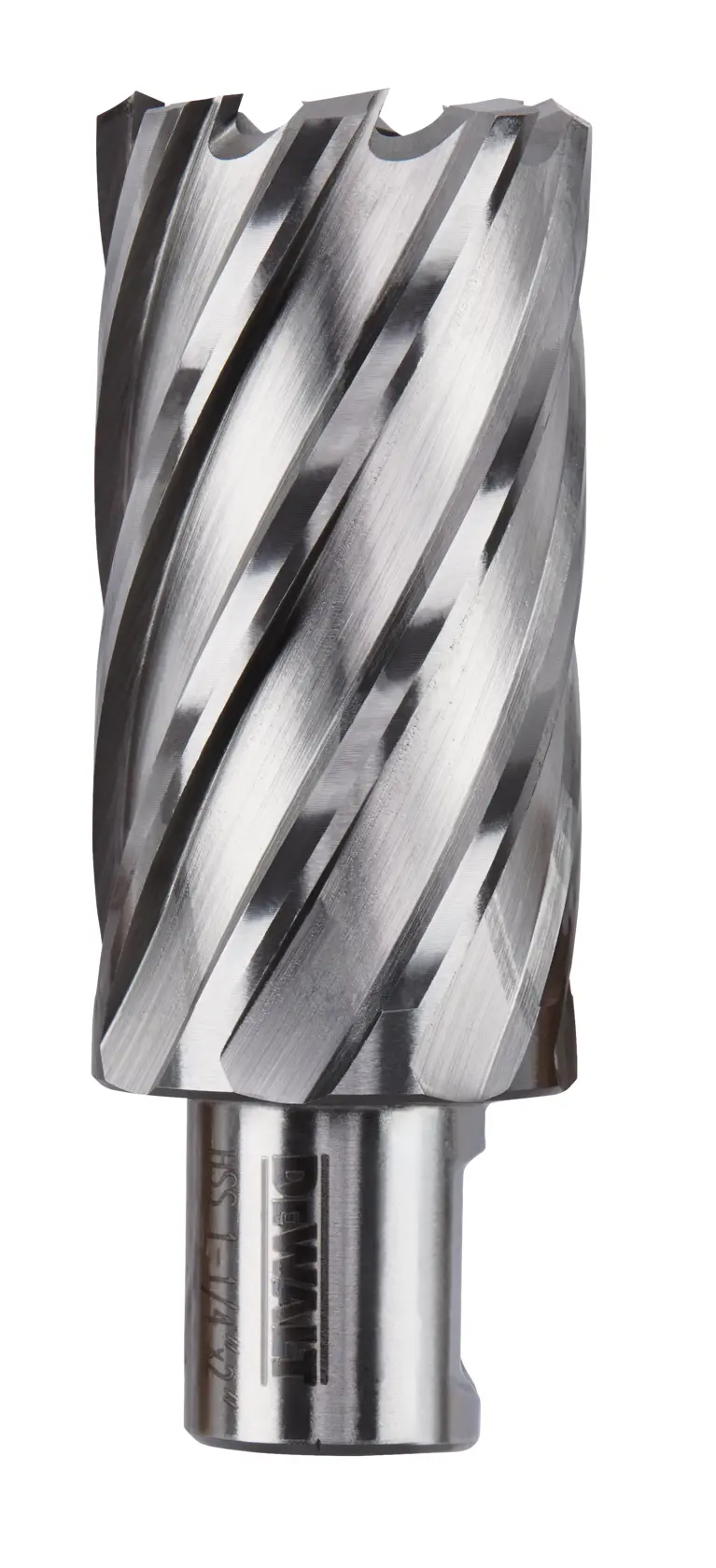 A close-up view of a DEWALT annular cutter drill bit with spiral cutting edges and a cylindrical shank.