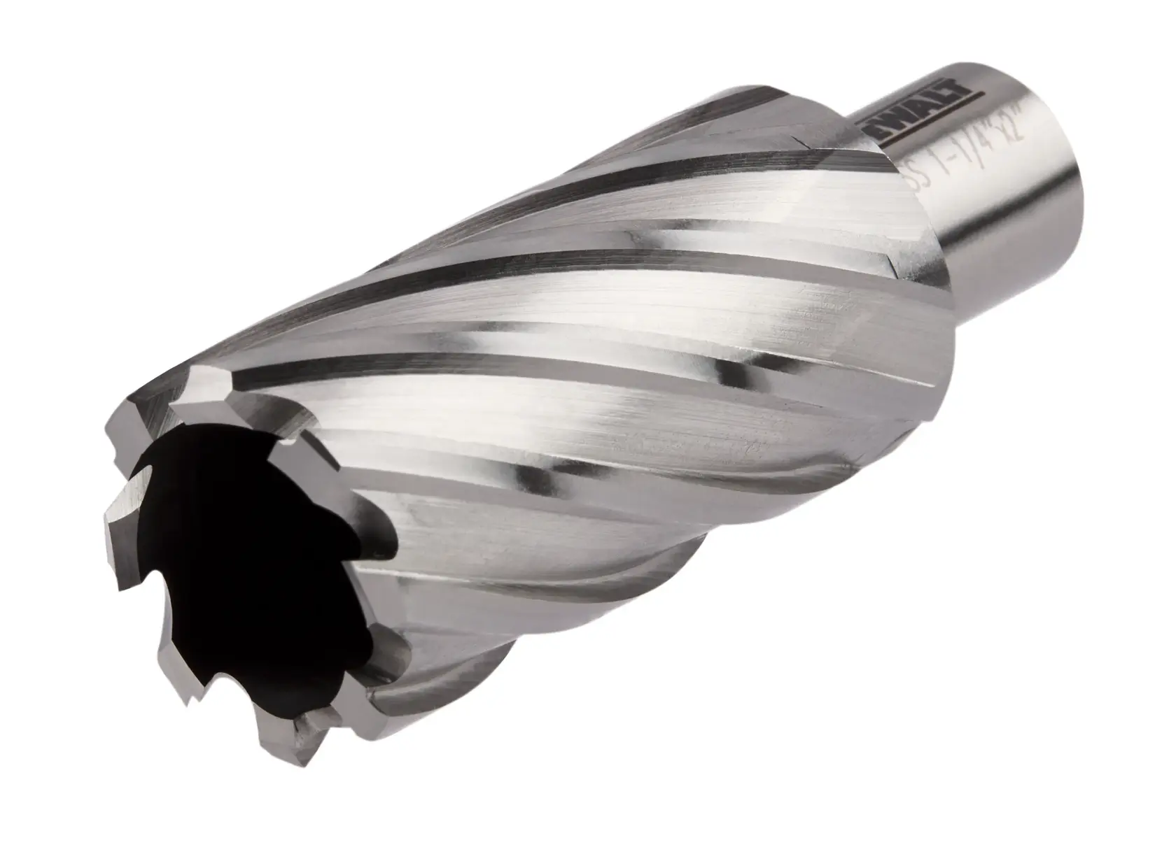 A close-up image of a DEWALT metal cutting annular cutter, showing its spiral flutes and sharp cutting edge.