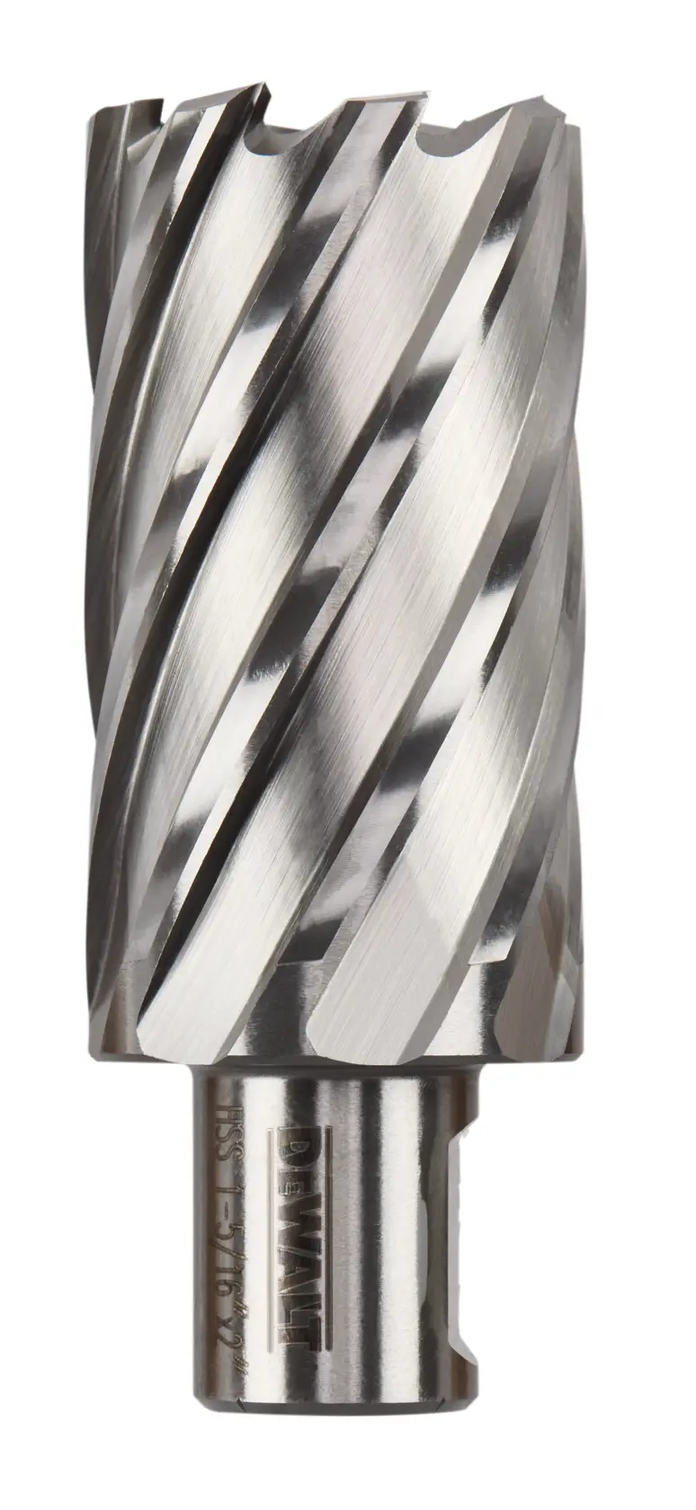 A close-up image of a DEWALT annular cutter, showing polished metal cutting edges and spiral grooves.