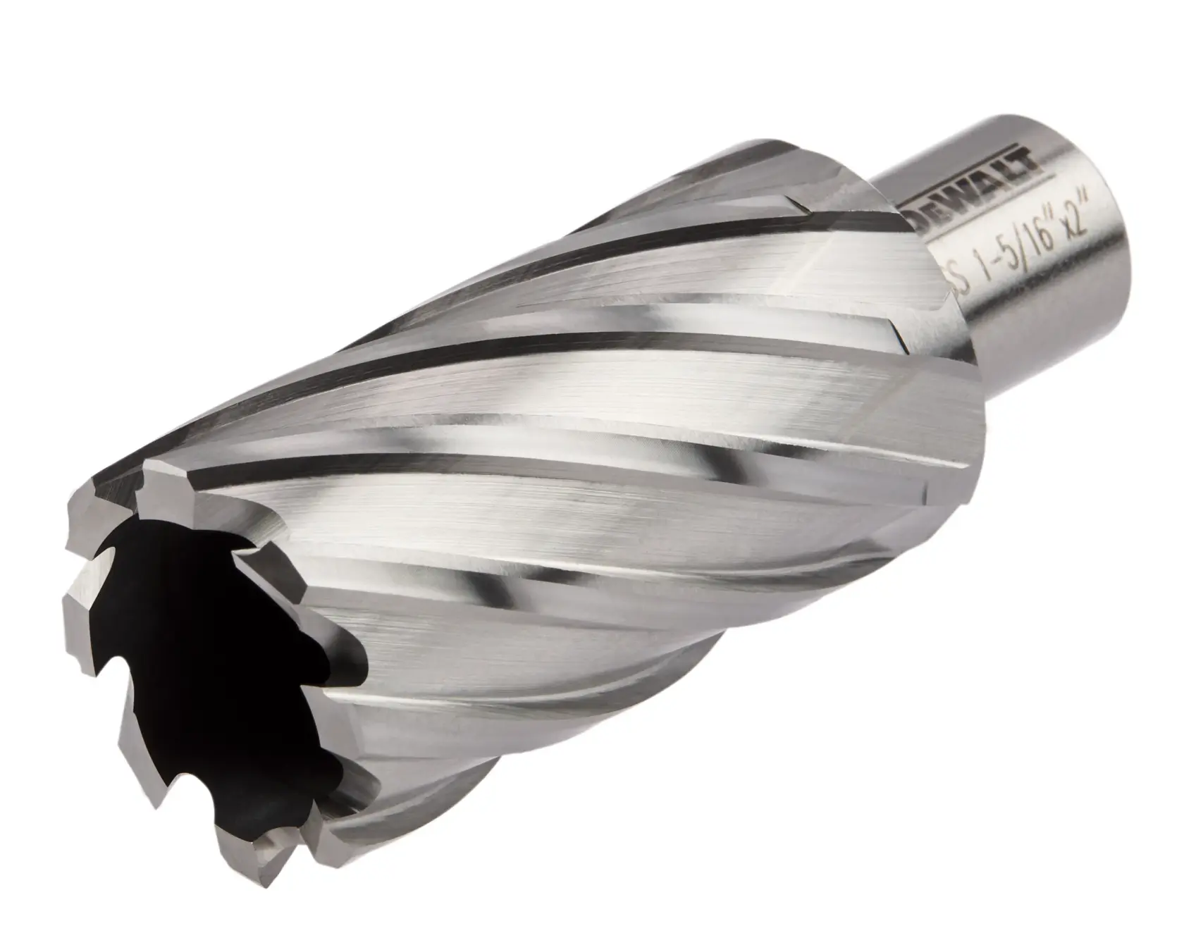 A close-up image of a DEWALT annular cutter drill bit used for creating large holes in metal. The cylindrical bit has spiral flutes and sharp cutting edges.
