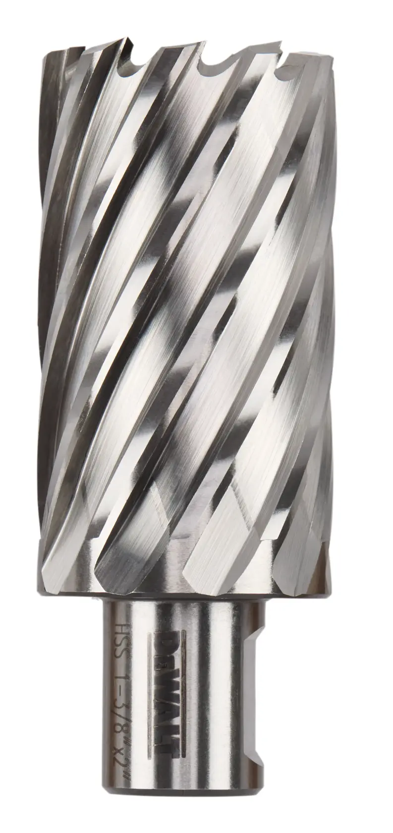 A DEWALT annular cutter with spiral flutes, used for drilling through metal, shown standing upright on a white background.