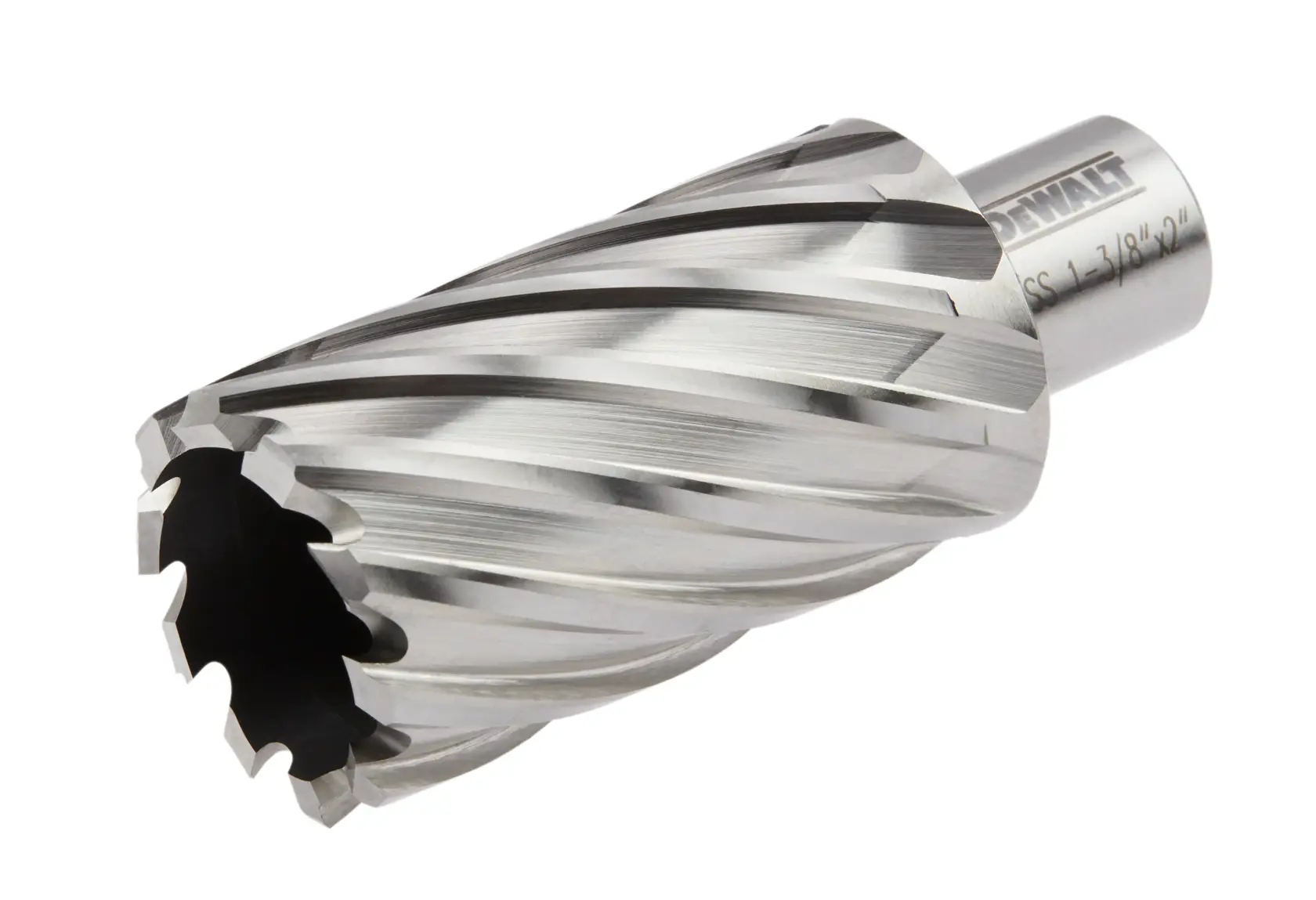 A close-up image of a DEWALT annular cutter, showing its cylindrical metal shape with spiral cutting edges and an open end designed for drilling.