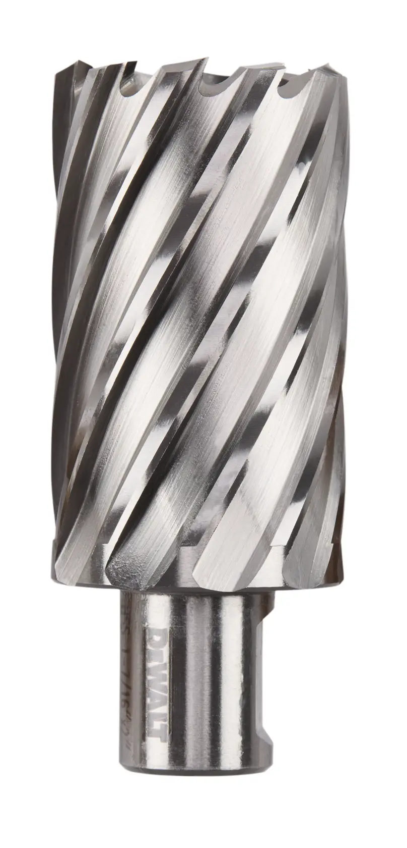 A close-up of a DEWALT metal annular cutter with spiral flutes, used for drilling precise holes in metal surfaces.