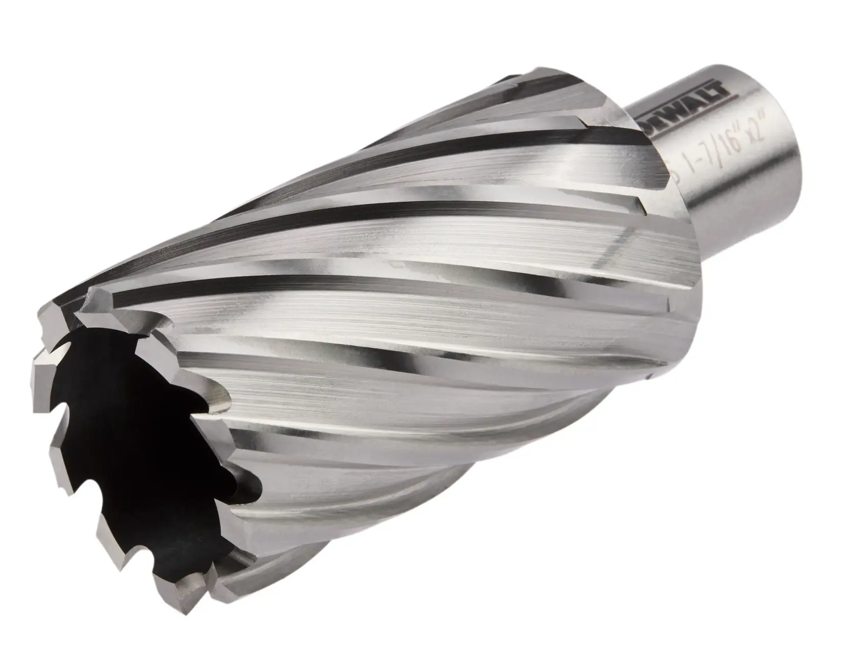 A close-up image of a DEWALT annular cutter with spiral fluted design, used for drilling large holes in metal.