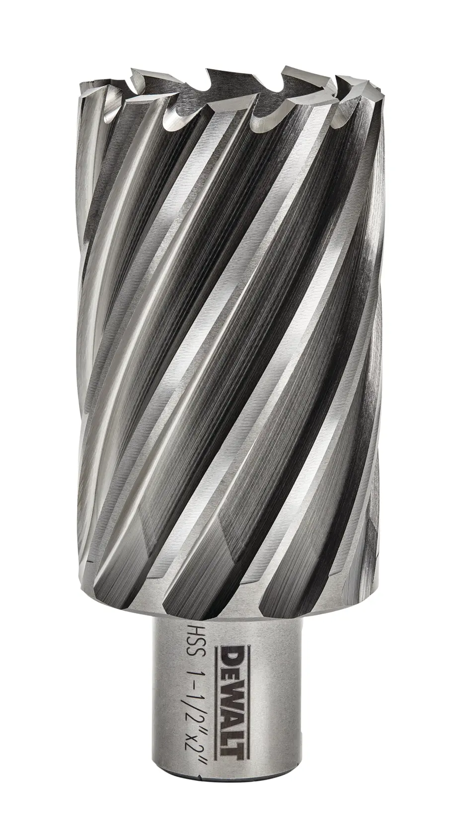 A DEWALT high-speed steel annular cutter with a spiral groove design, used for drilling precise holes in metal.