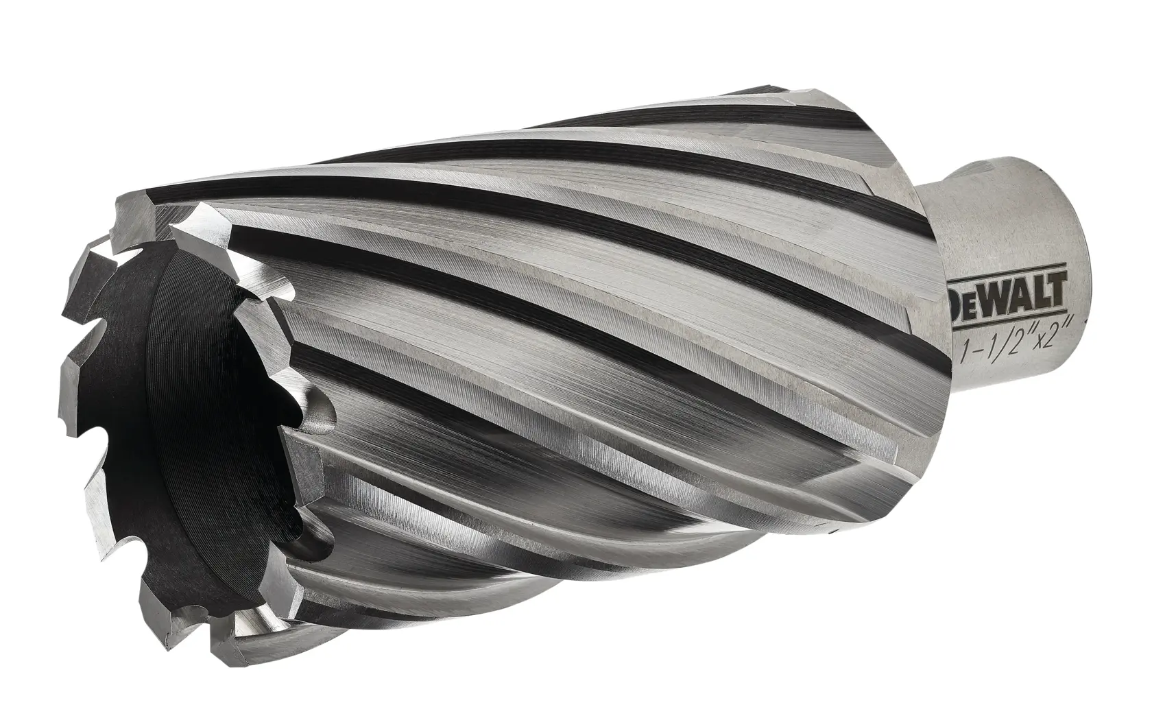 A close-up image of a DEWALT metal annular cutter drill bit with spiral cutting edges.