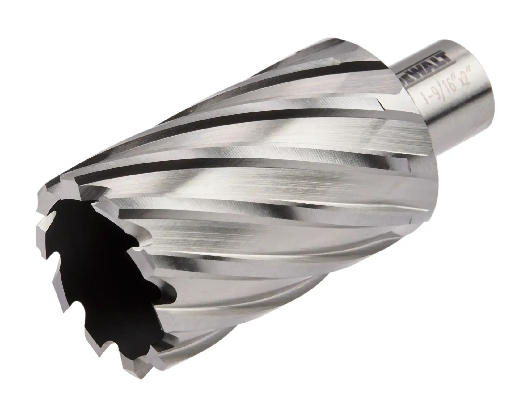 A close-up image of a DEWALT metal annular cutter with spiral grooves and cutting teeth, used for drilling holes in metal.