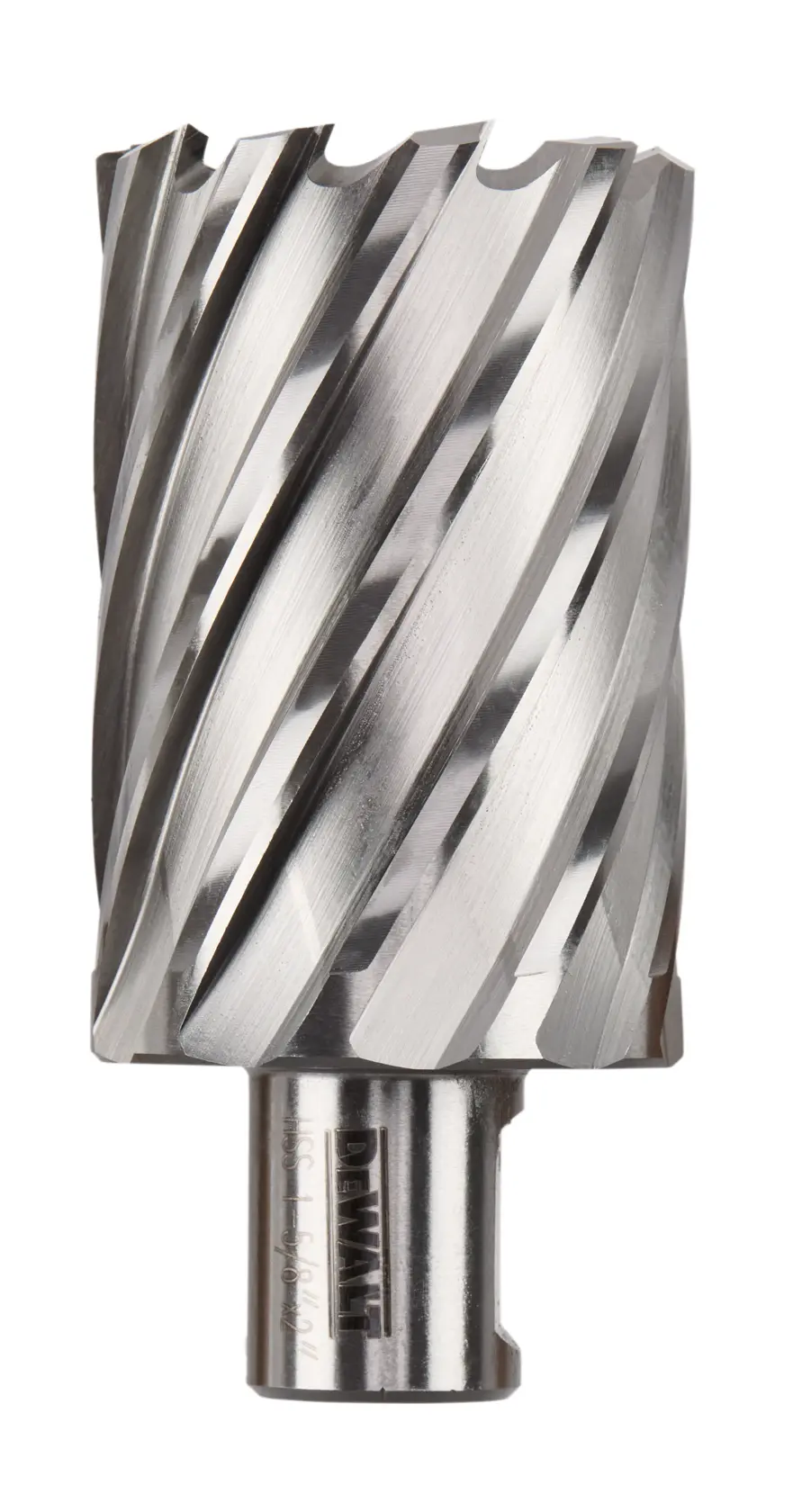 A close-up view of a DEWALT annular cutter, a cylindrical metal cutting tool with spiral flutes and sharp teeth used for drilling holes in metal.