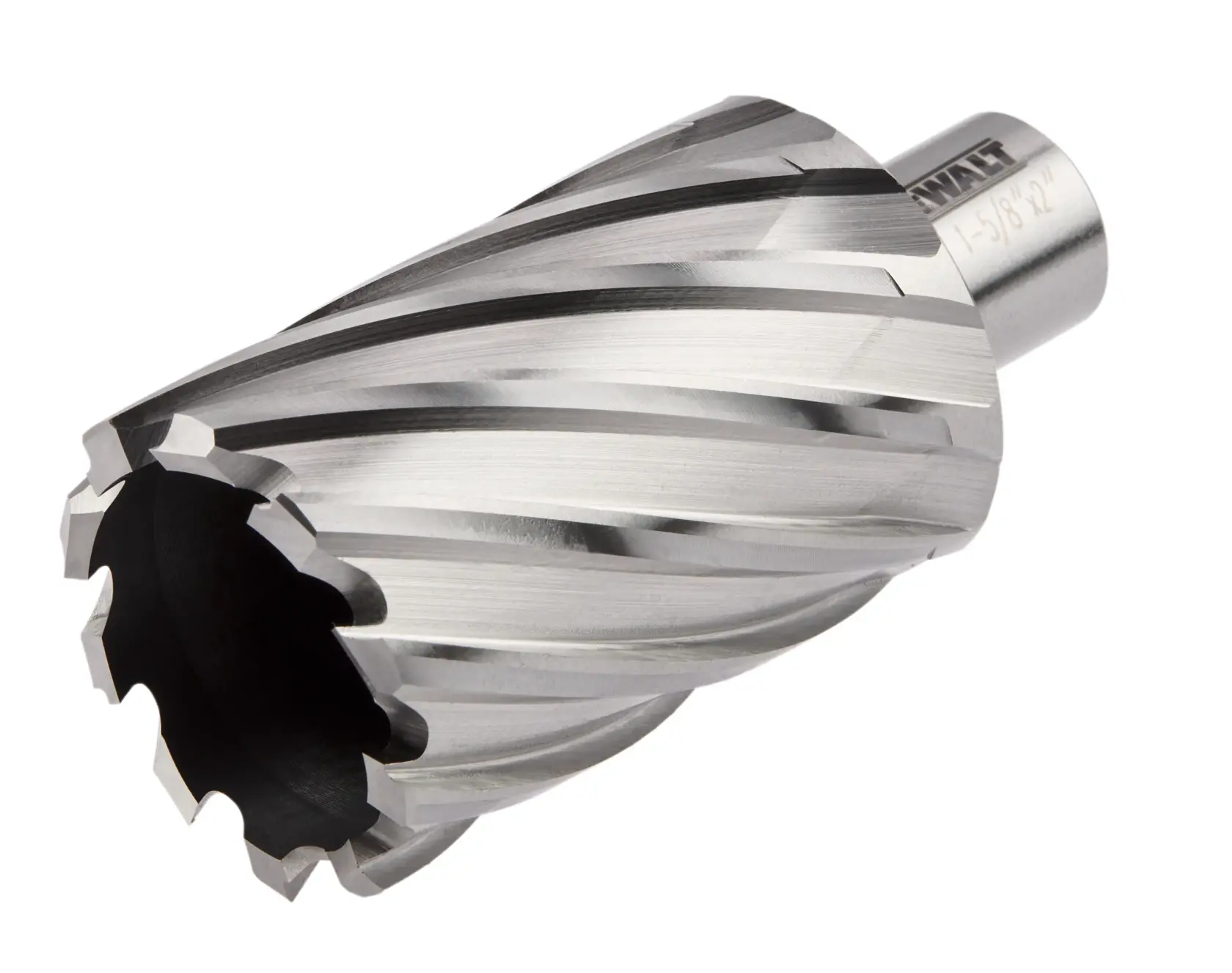 A close-up image of a DEWALT metal annular cutter drill bit with spiral cutting edges and a cylindrical shape.