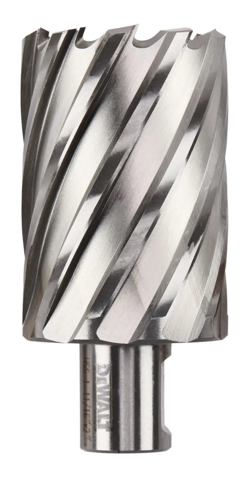 A close-up image of a DEWALT metal cutting annular cutter with spiral flutes for drilling holes in metal surfaces.