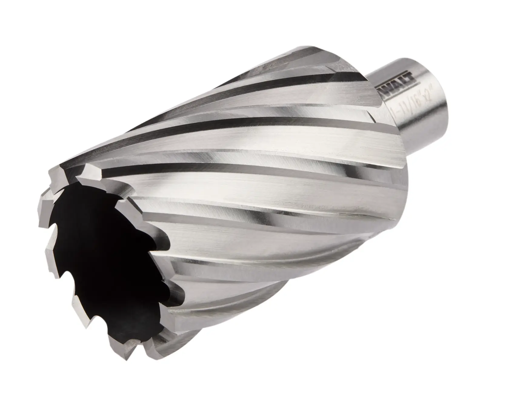 A close-up view of a DEWALT metal annular cutter tool with spiral cutting edges used for drilling in metalworking applications.