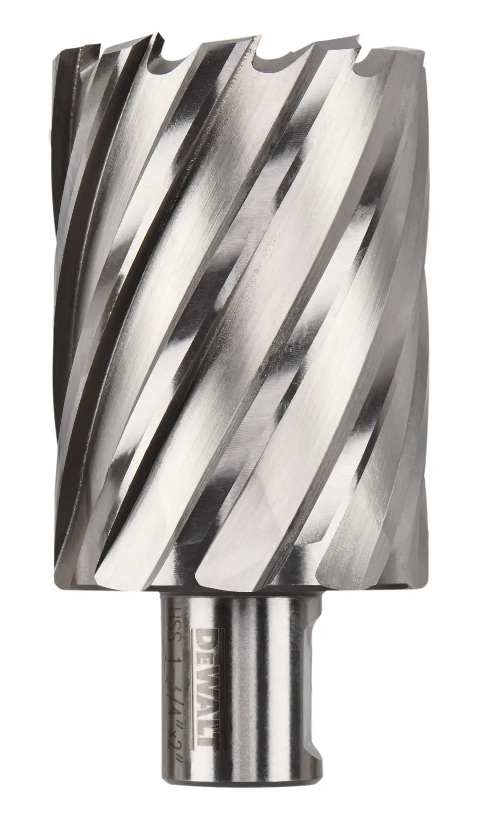 Close-up of a DEWALT annular cutter, used for drilling large diameter holes in metal. The tool has a cylindrical shape with sharp, spiral cutting edges.