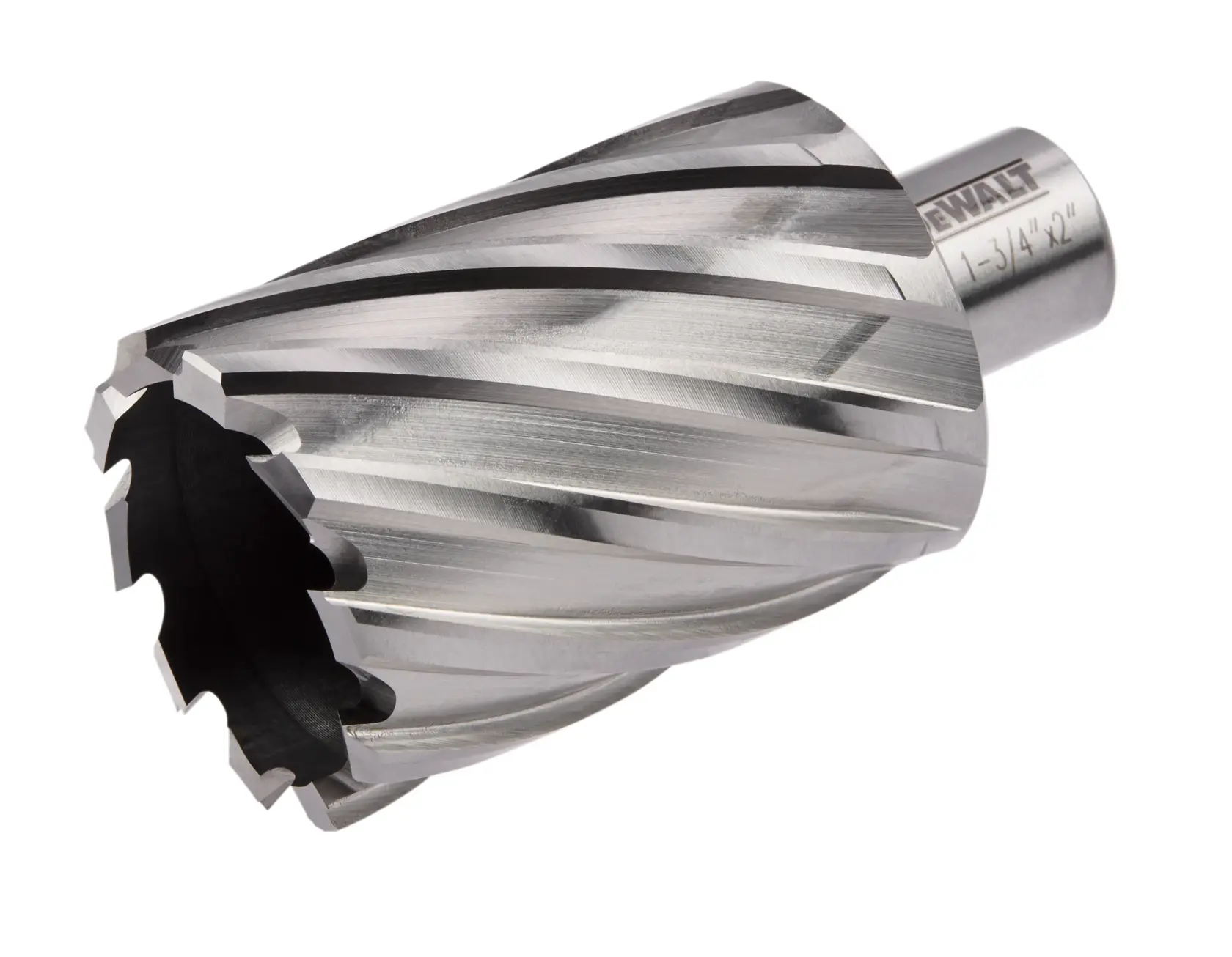 A close-up image of a DEWALT annular cutter, a cylindrical metal cutting tool with spiral flutes used for drilling holes in metal.