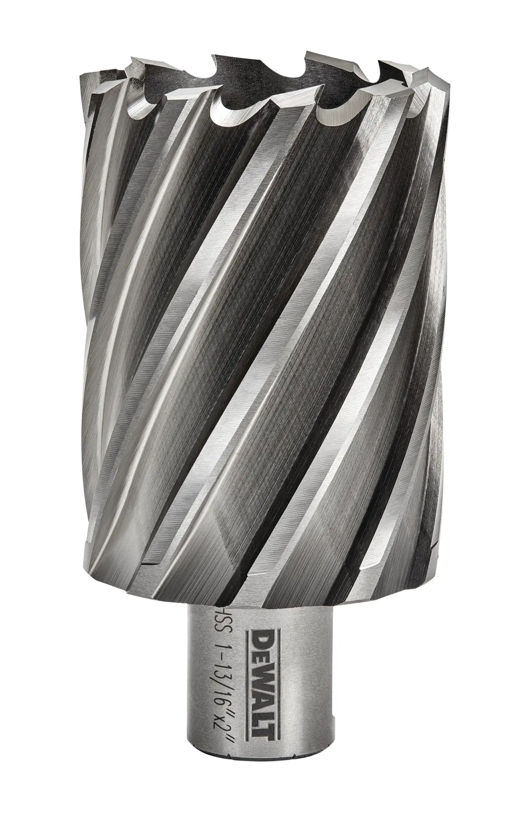 A DEWALT brand annular cutter with a spiral flute design, made of metal, used for drilling precise holes in metal surfaces. The tool is cylindrical and features sharp cutting edges at the top.